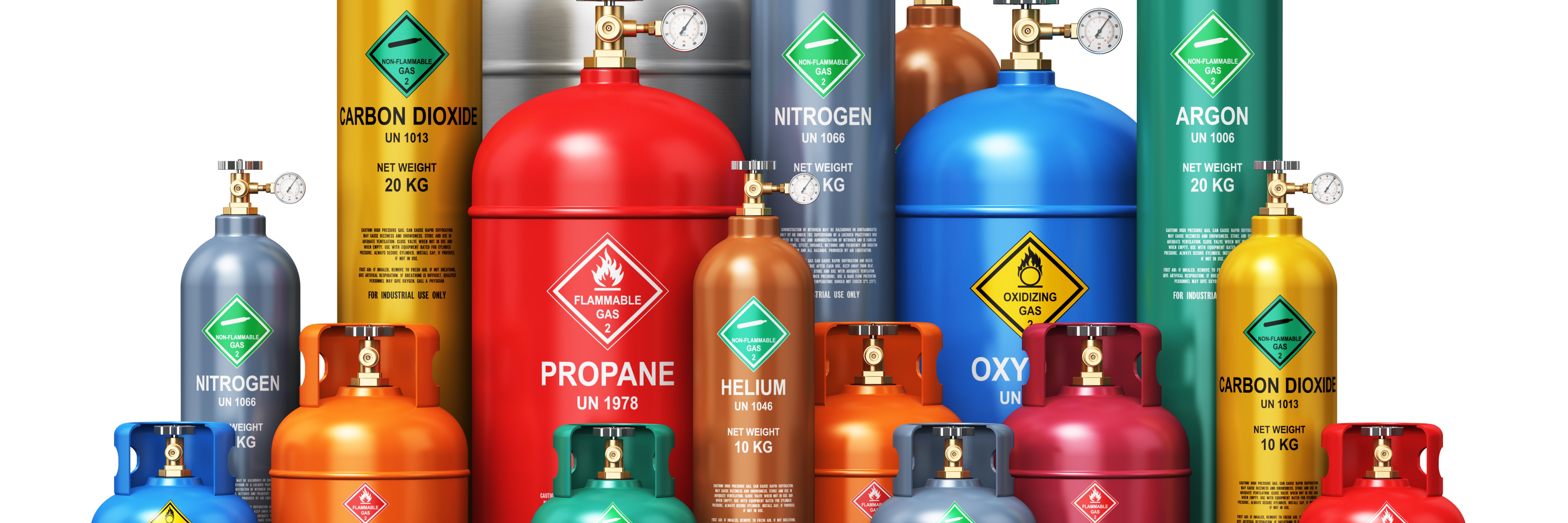 Set of various industrial liquid gas containers