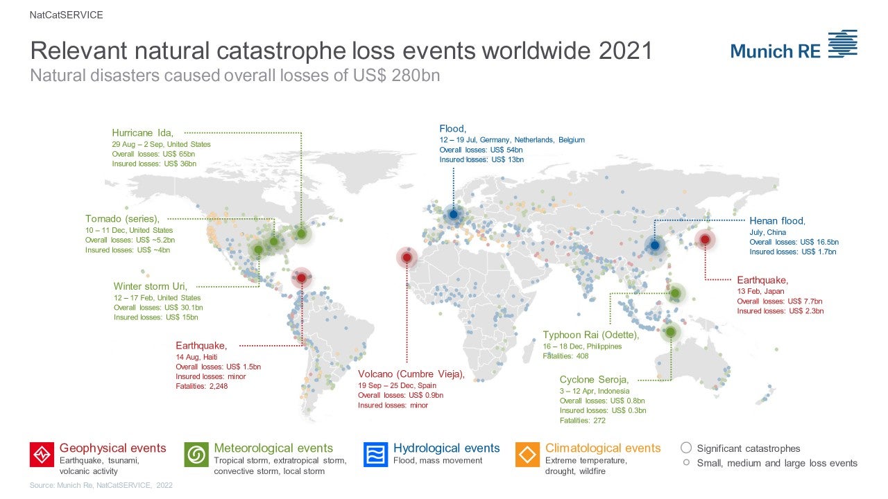World map of natural disasters 2021