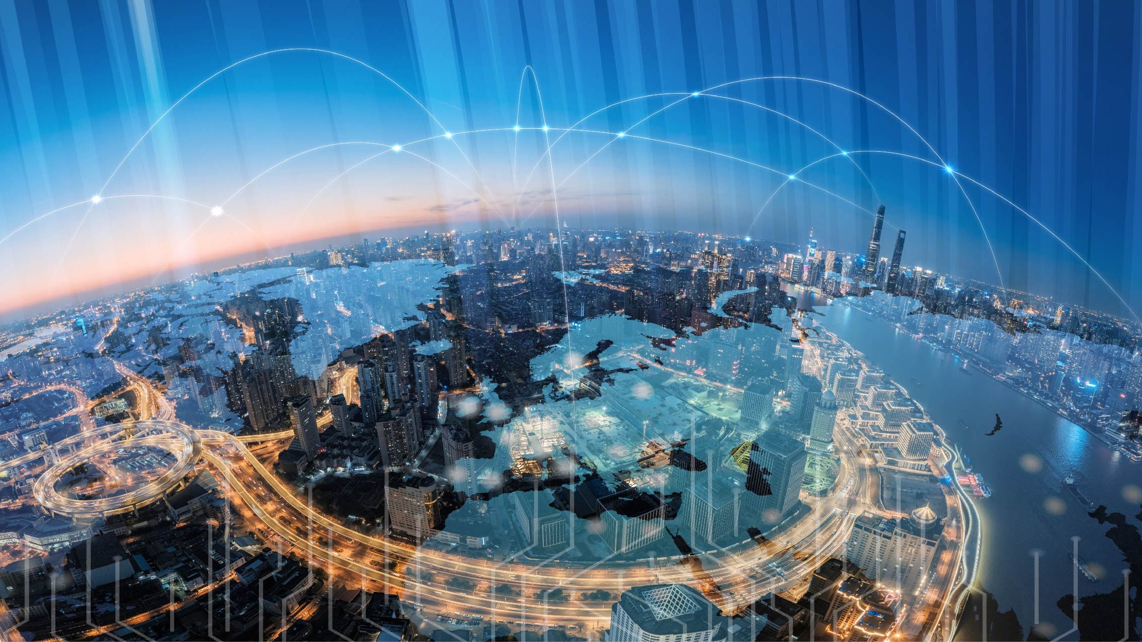 Smart city globe skyline connected with data and technology
