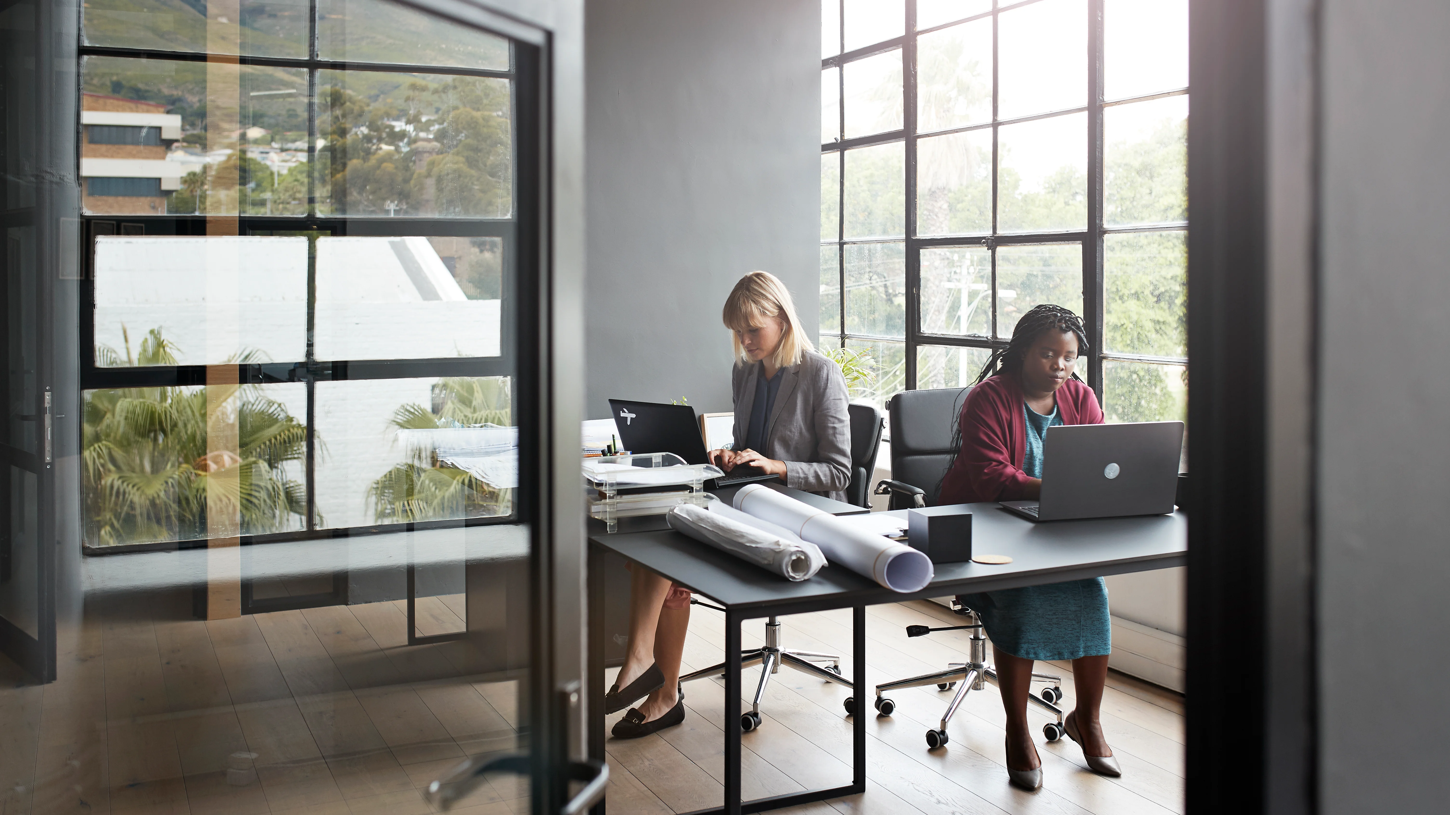 Businesswomen working on laptop at desk in modern office.