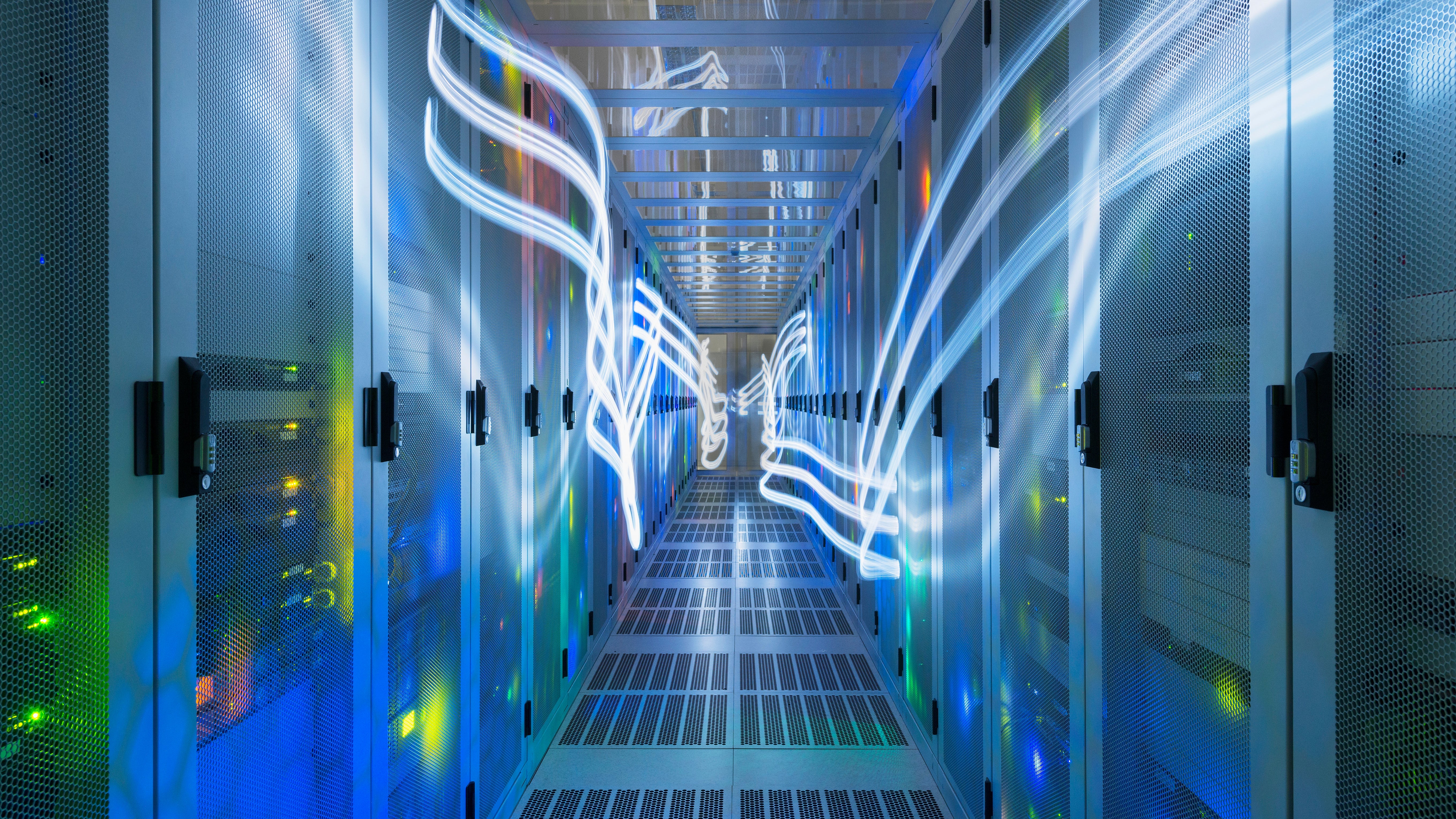 Commercial server room, showing an overlay of data storage