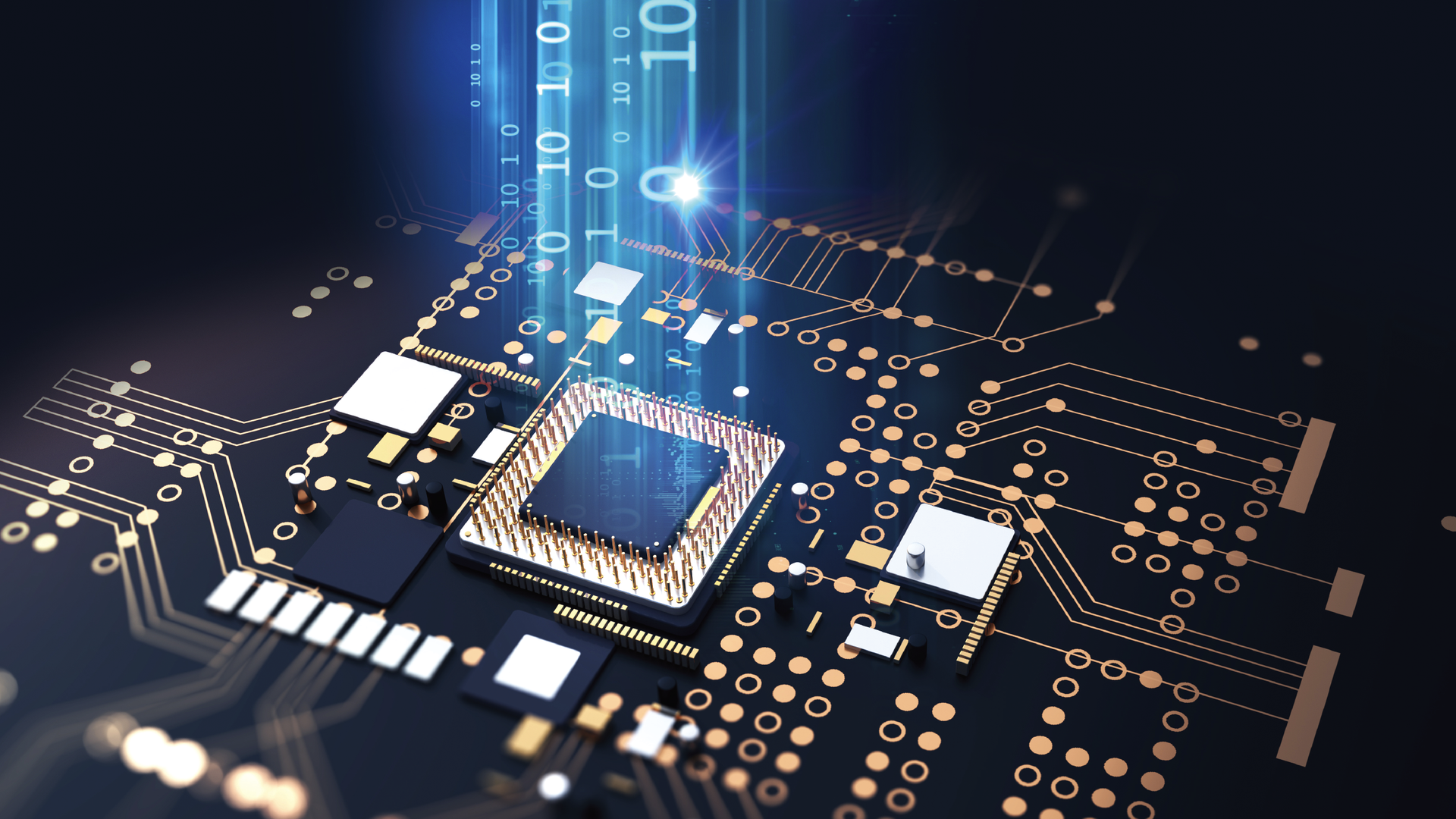 3d rendering of futuristic blue, black, and golden circuit board
