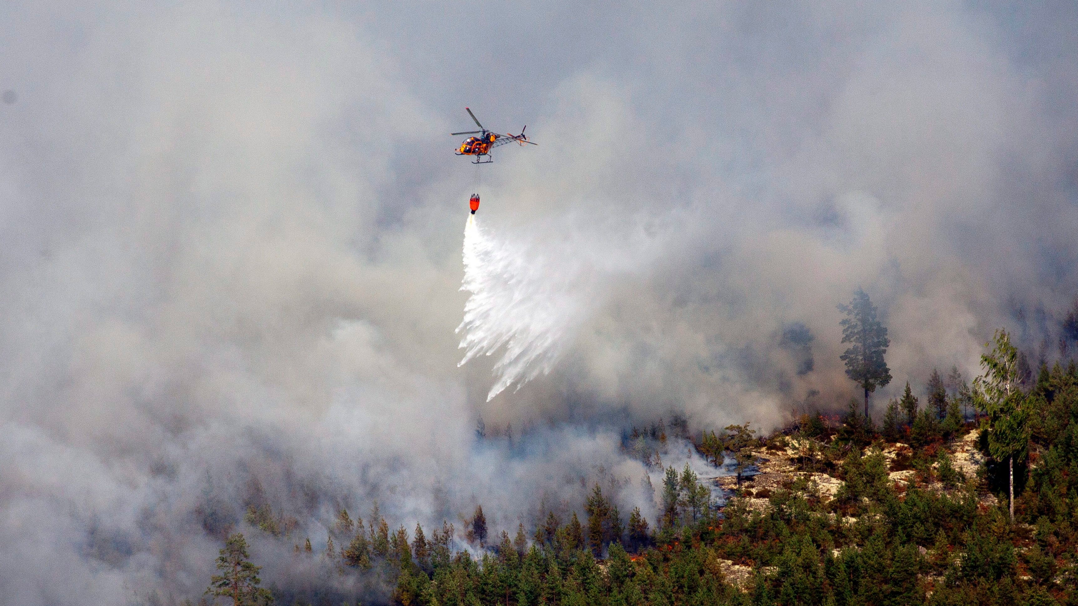 helicopter putting out a wildfire