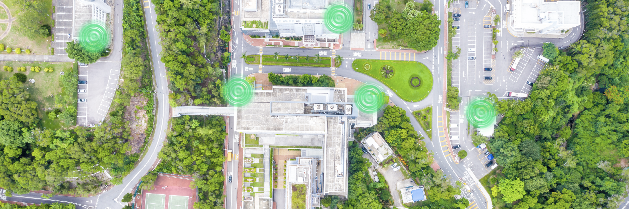 Residential area with homes monitored by sensors
