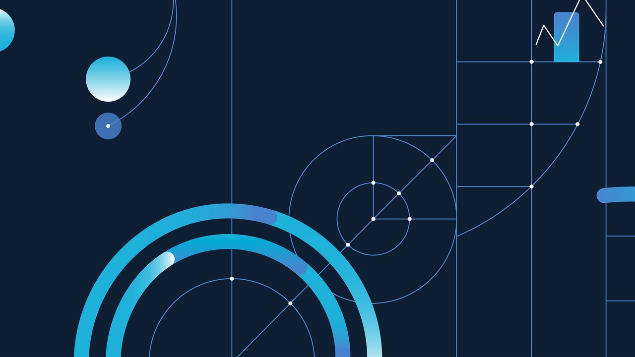 Abstract design featuring geometric shapes and lines in shades of blue on a dark background.