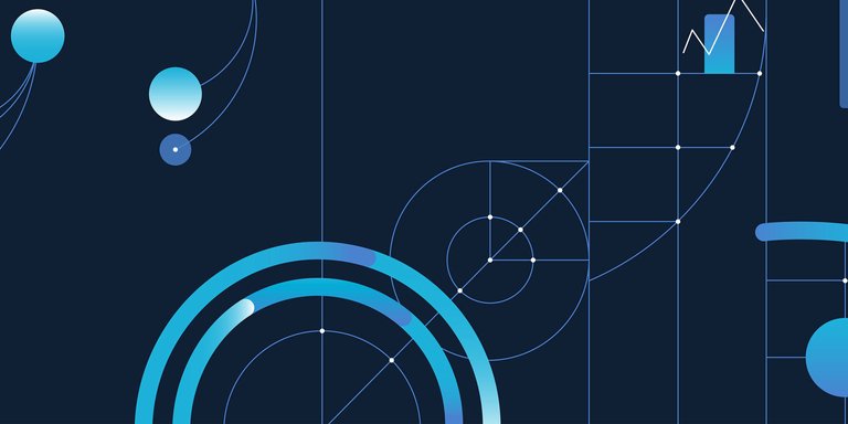 Abstract graphic with blue circles, lines, and geometric shapes on a dark background.