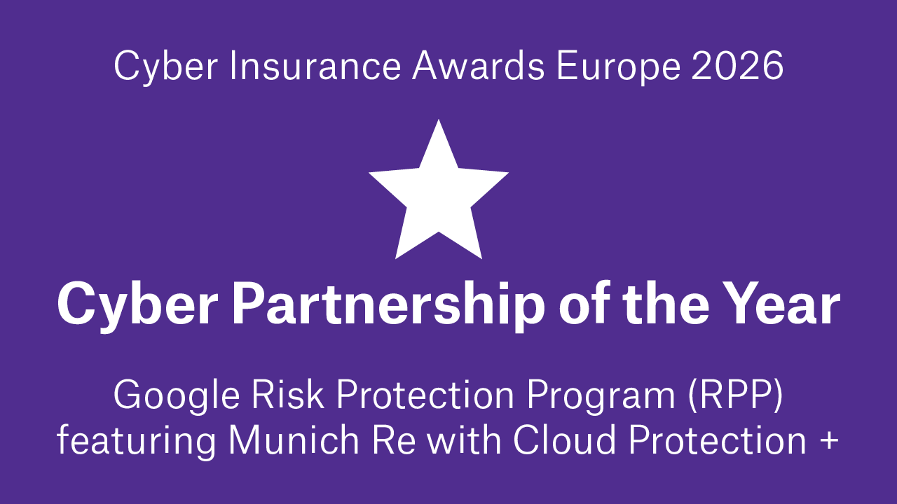 Purple background with text: "Cyber Insurance Awards Europe 2026" and "Cyber Partnership of the Year".