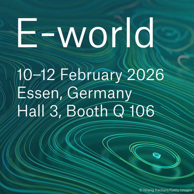 Event details for E-world: 10-12 February 2026, Essen, Germany, Hall 3, Booth Q 106, on a green abstract background.