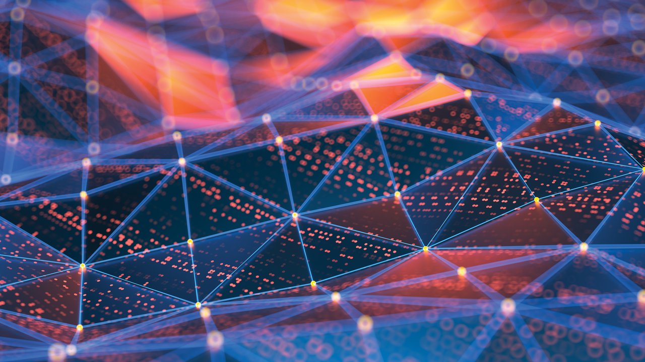 A colorful abstract network of interconnected lines and nodes, resembling a digital landscape.