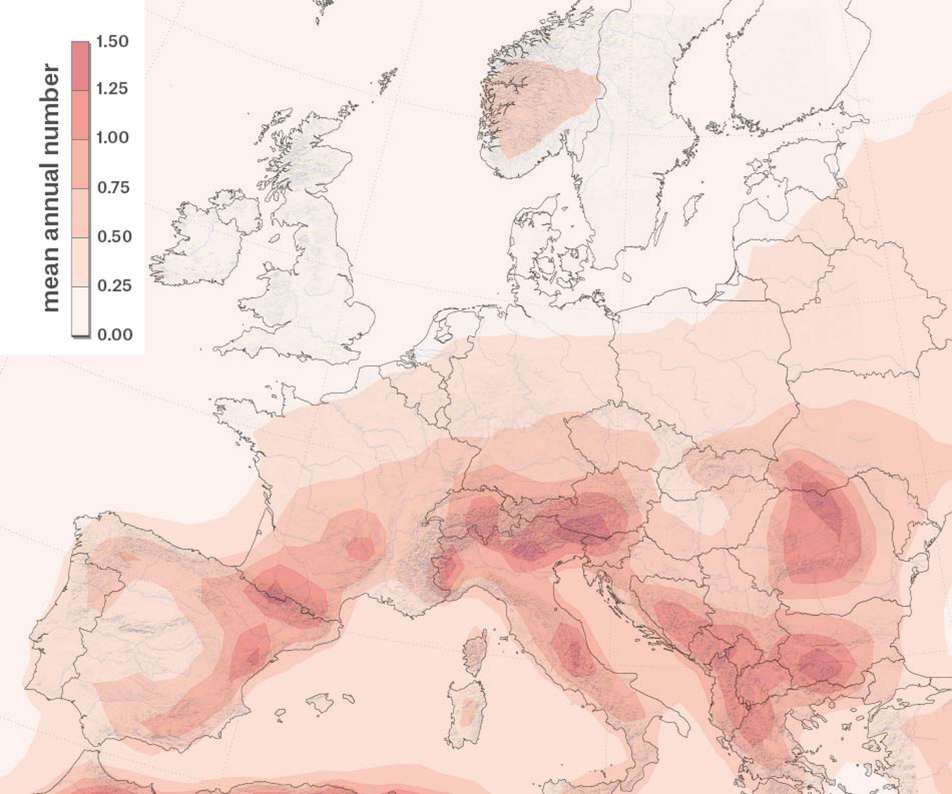 Most frequent hail events in Europe occur in northern Italy, Romania, in the Pyrenees and in the Balkans