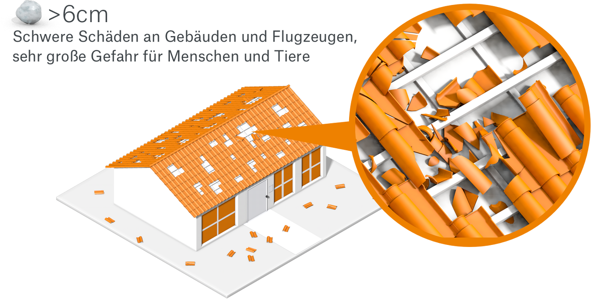 Verschiedene Hagelgrößen und Schadenbilder