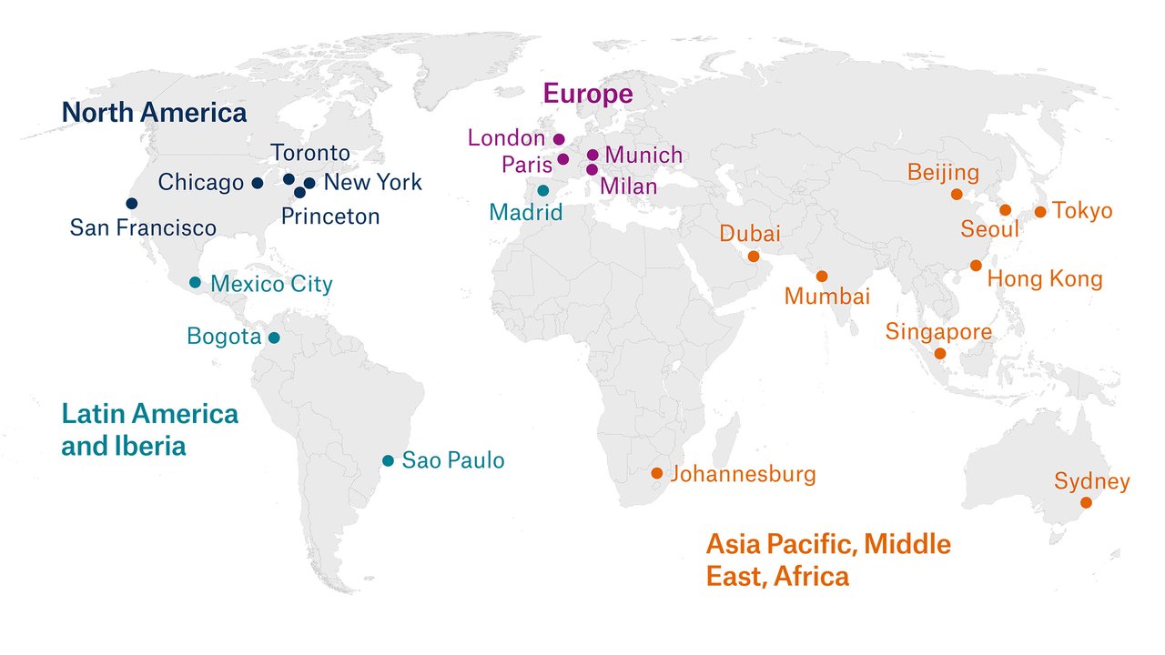 World map highlighting major cities in North America, Europe, Latin America, Asia Pacific, Middle East, and Africa.