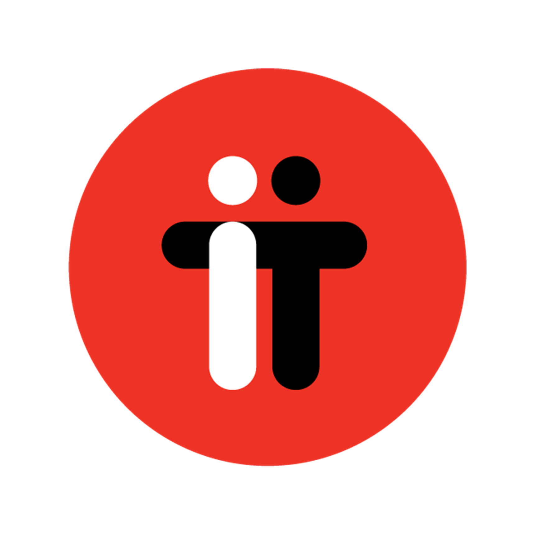 A red circle featuring two abstract figures, one white and one black, embracing each other.