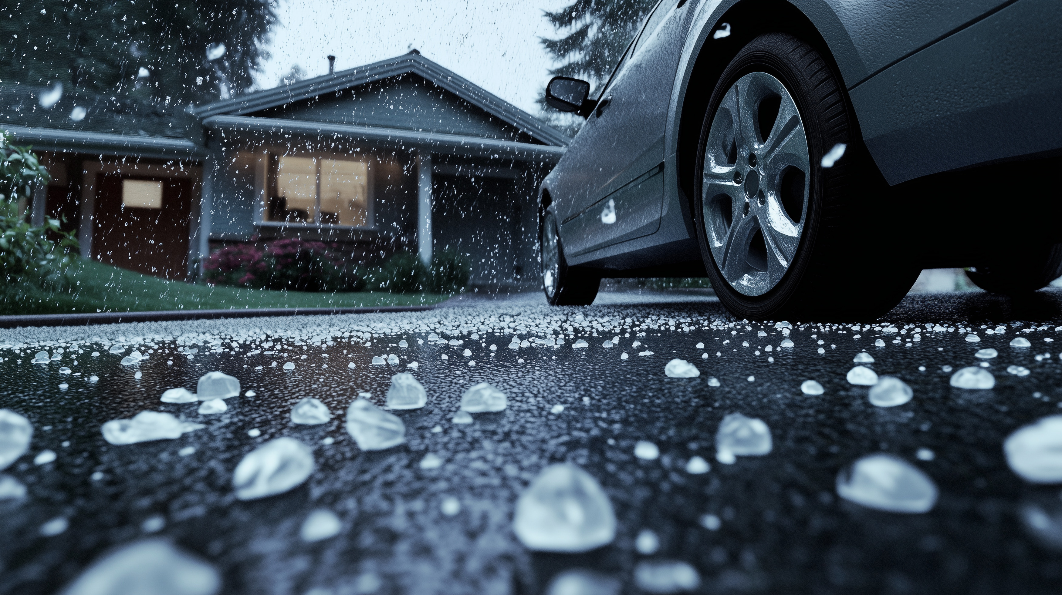 A damaging hailstorm AI-image of hailstorm in a residential area: the street in front of a home with a parked car on the right side is covered with hailstones, the size of large pebbles.