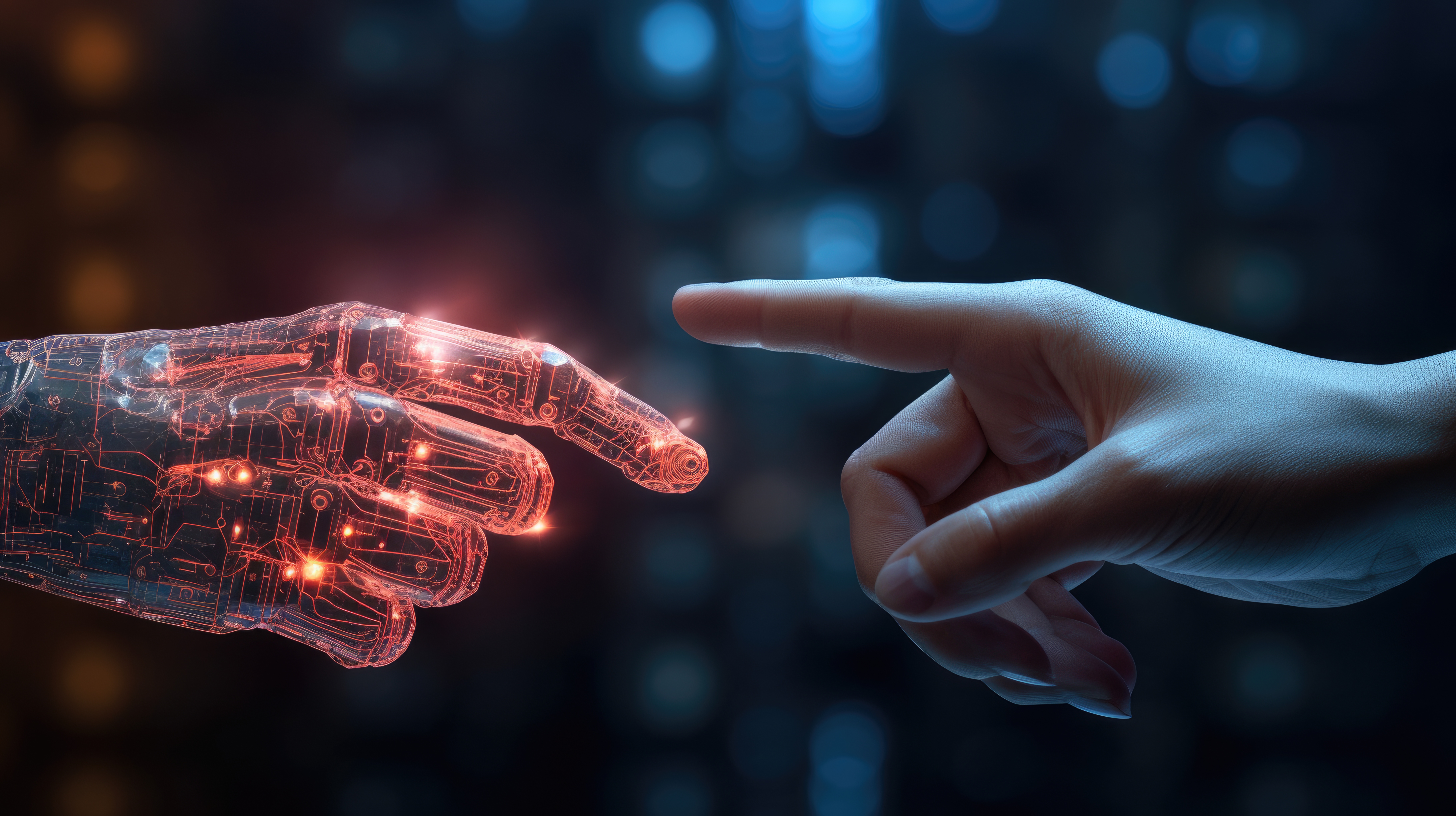 AI-driven layoffs raising EPL risks in 2026 A robotic hand and a human hand are reaching towards each other, with glowing elements on the robotic hand.
