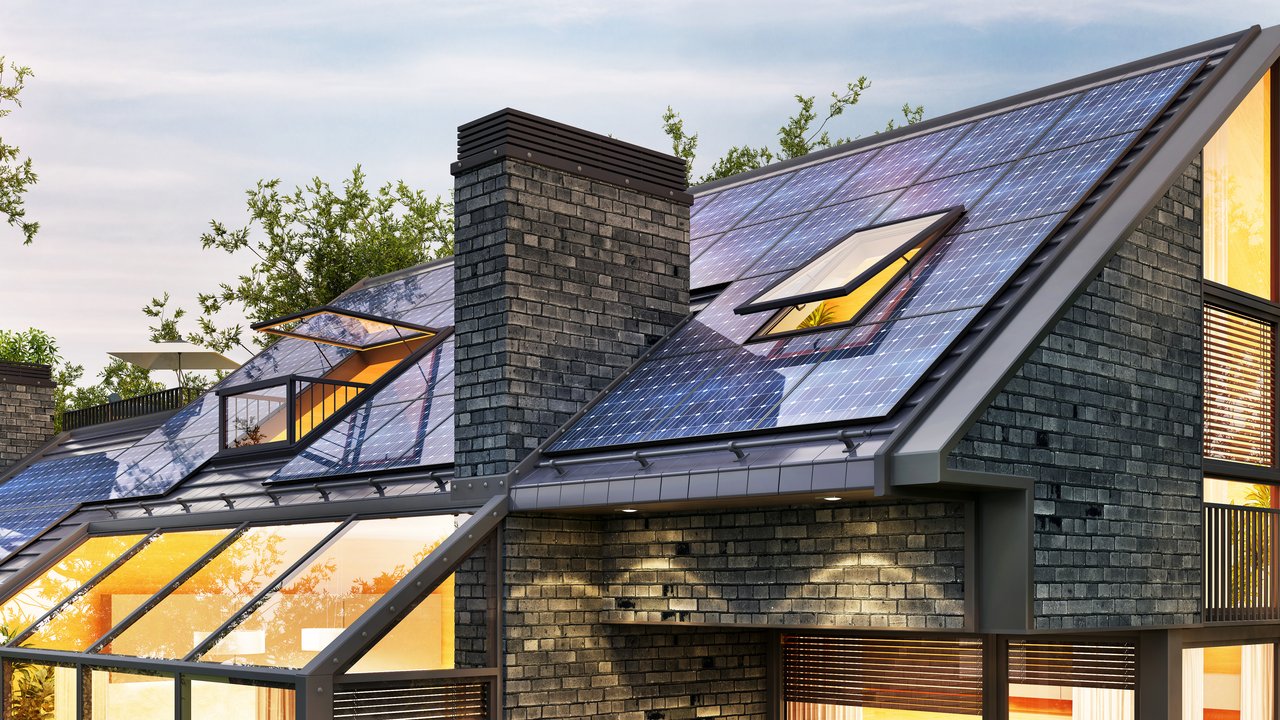 Solar panels on the roof of a modern house