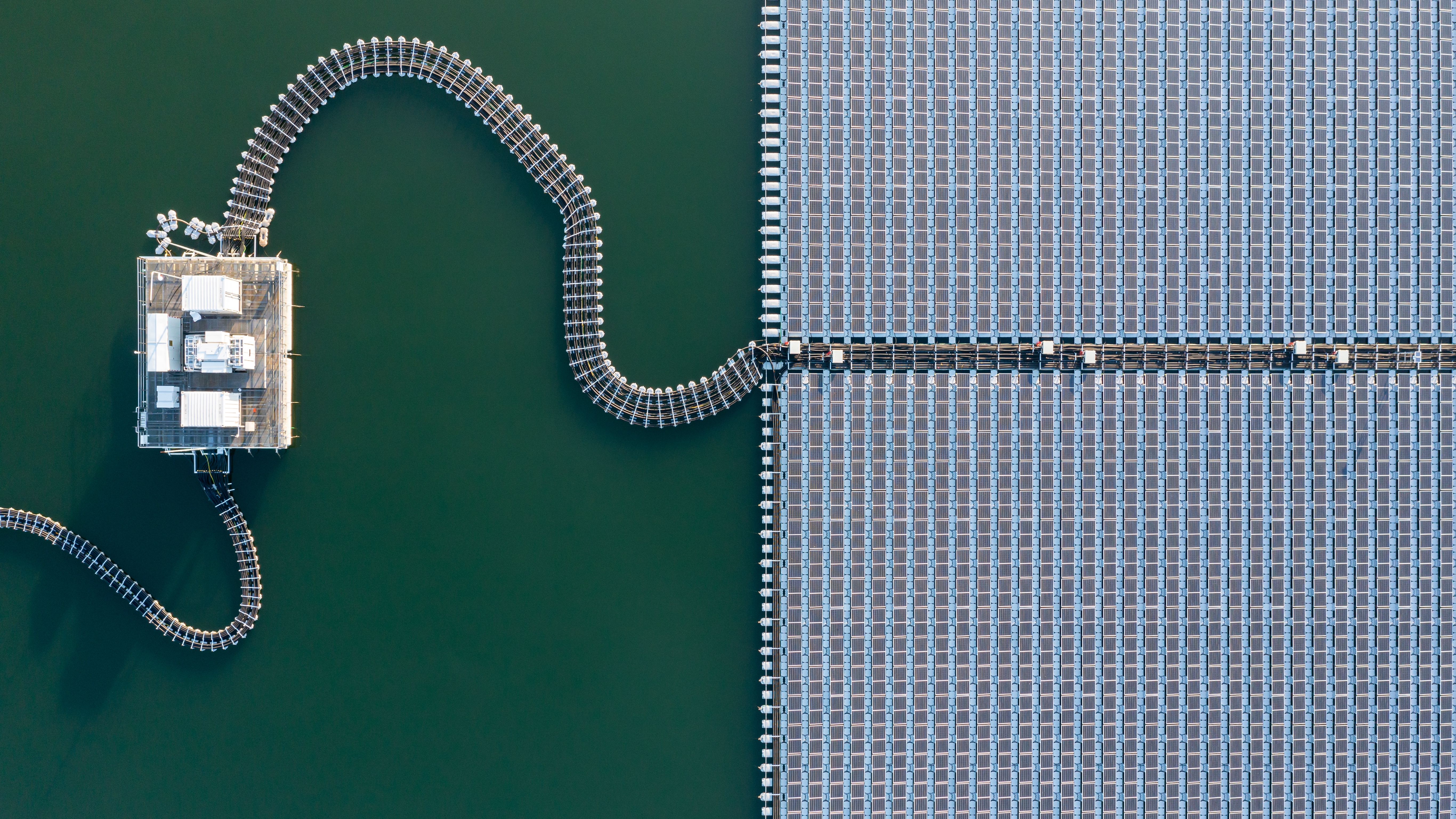 Aerial View of Energy solar power plant on the reservoir