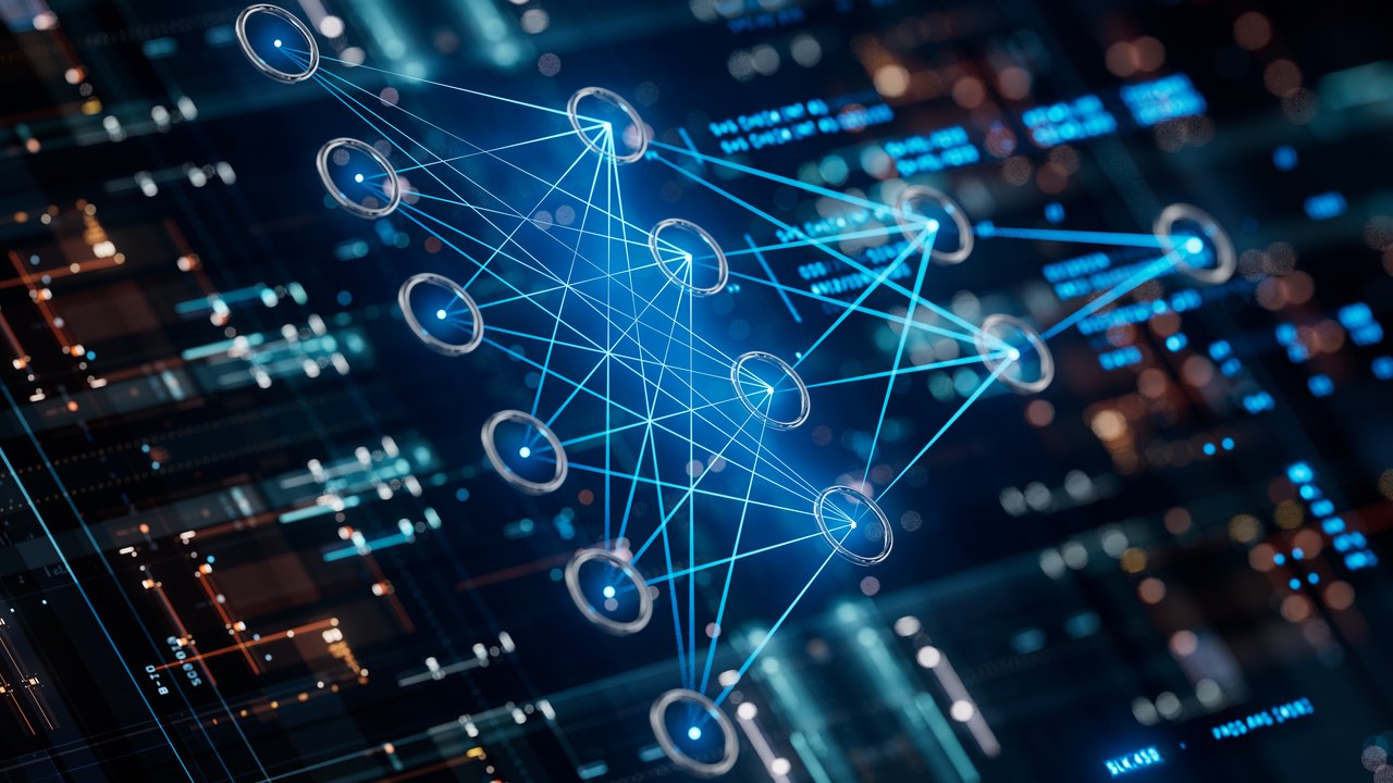 A digital network diagram with interconnected nodes and glowing lines on a dark background.