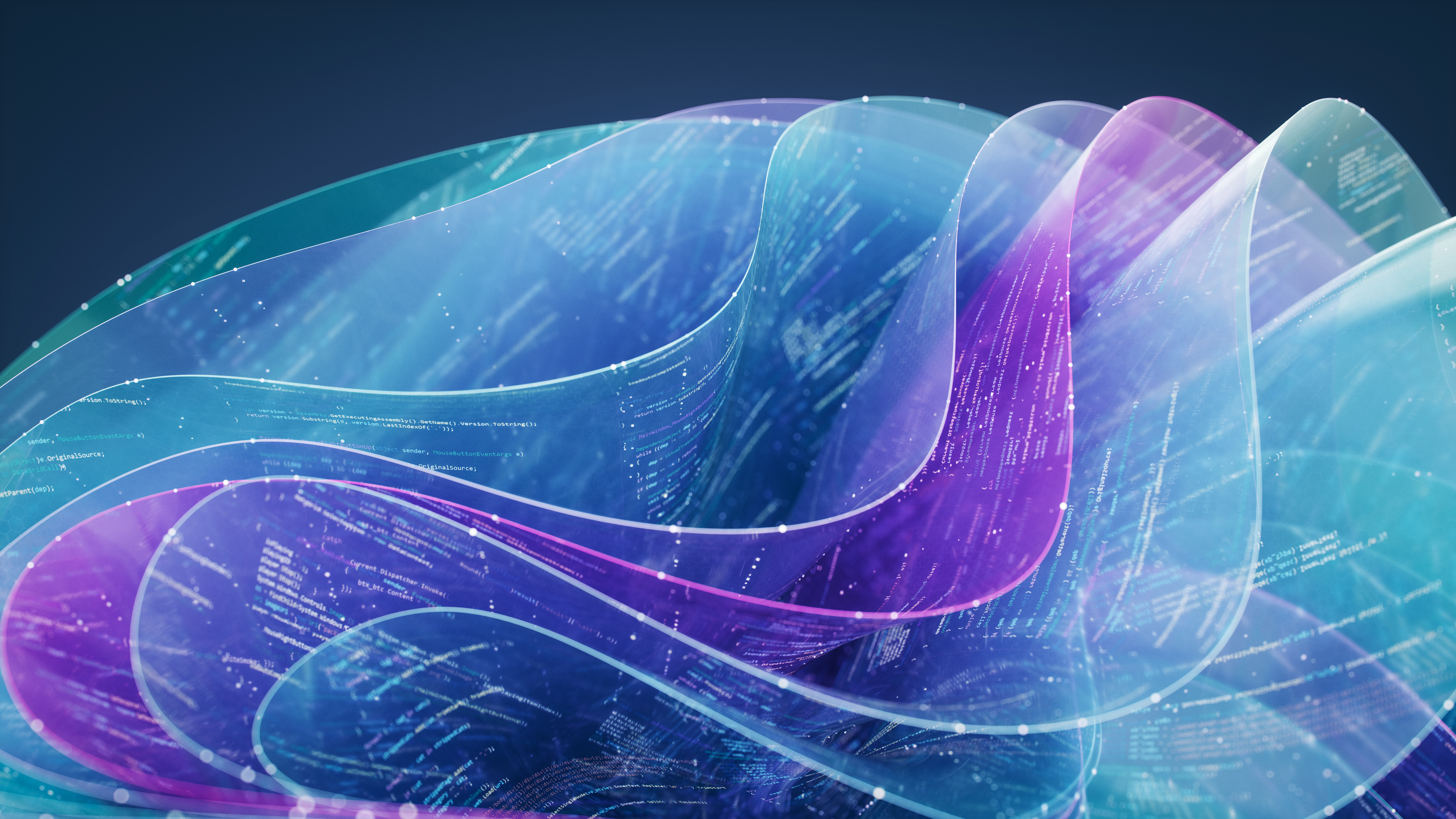 Abstract Waves of Digital Data Abstract digital waves in blue and purple with lines of code and glowing particles.