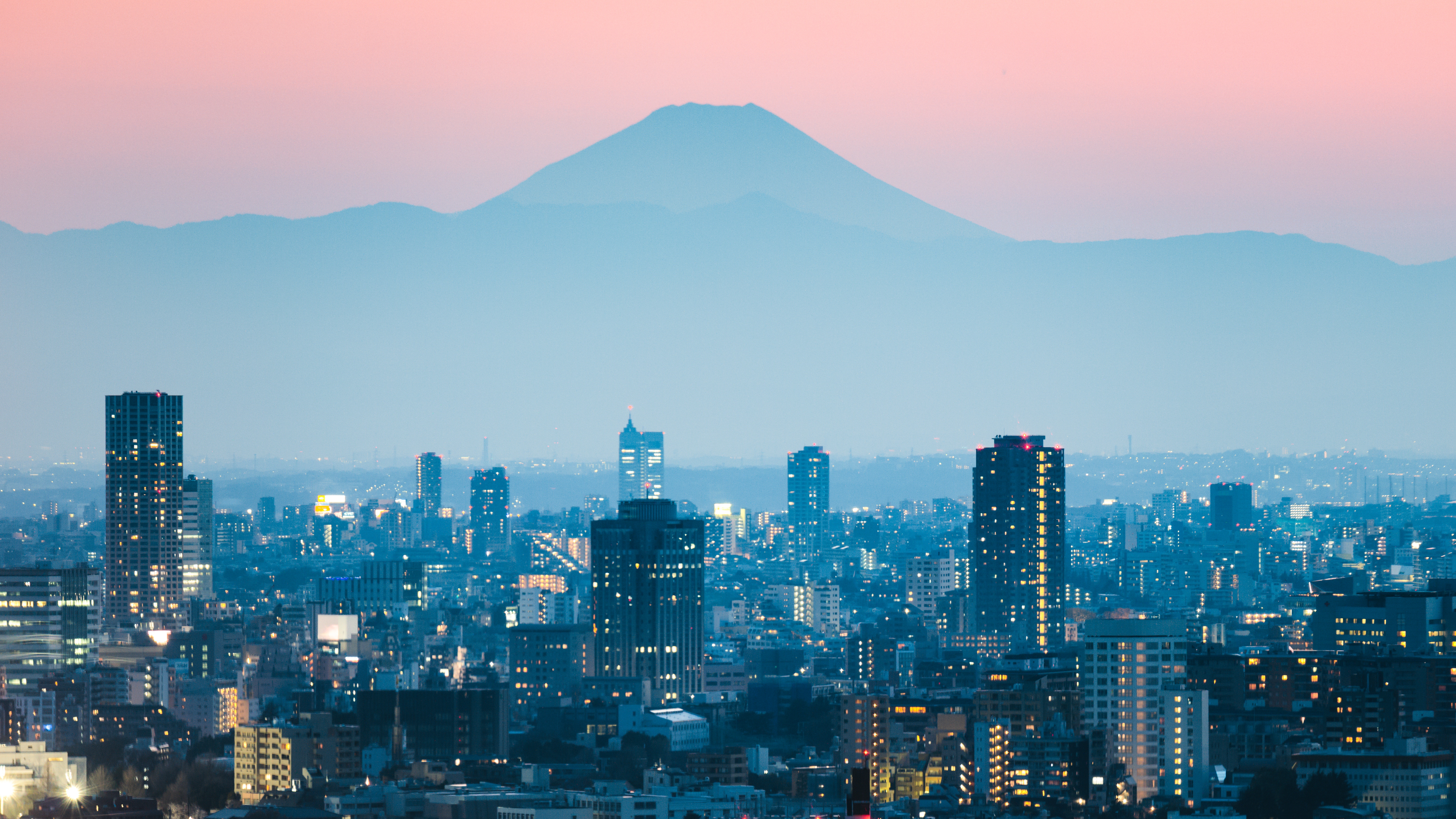 Mount Fuji and Tokyo downtown at sunset