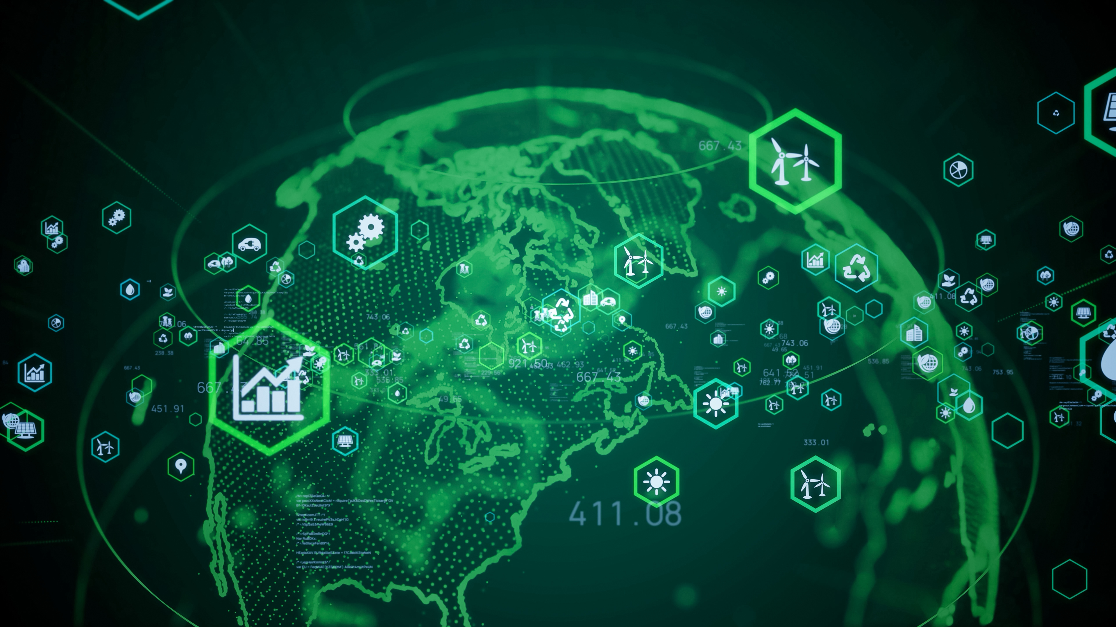 A digital map of North America with green icons representing various industries and data metrics.