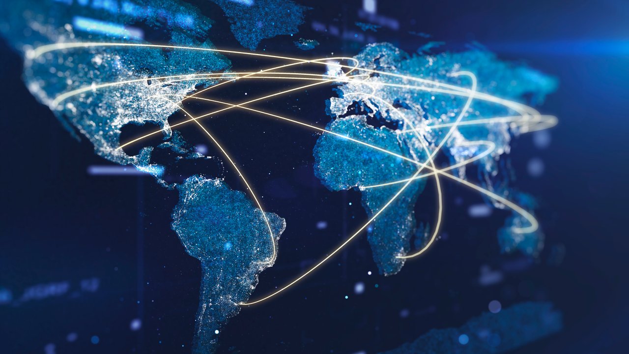Global Network Connections Visualization A digital world map with glowing lines connecting various global locations.
