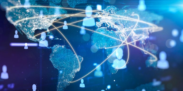 Global Network Connections Visualization A digital world map with glowing connections and user icons, representing global networking and communication.
