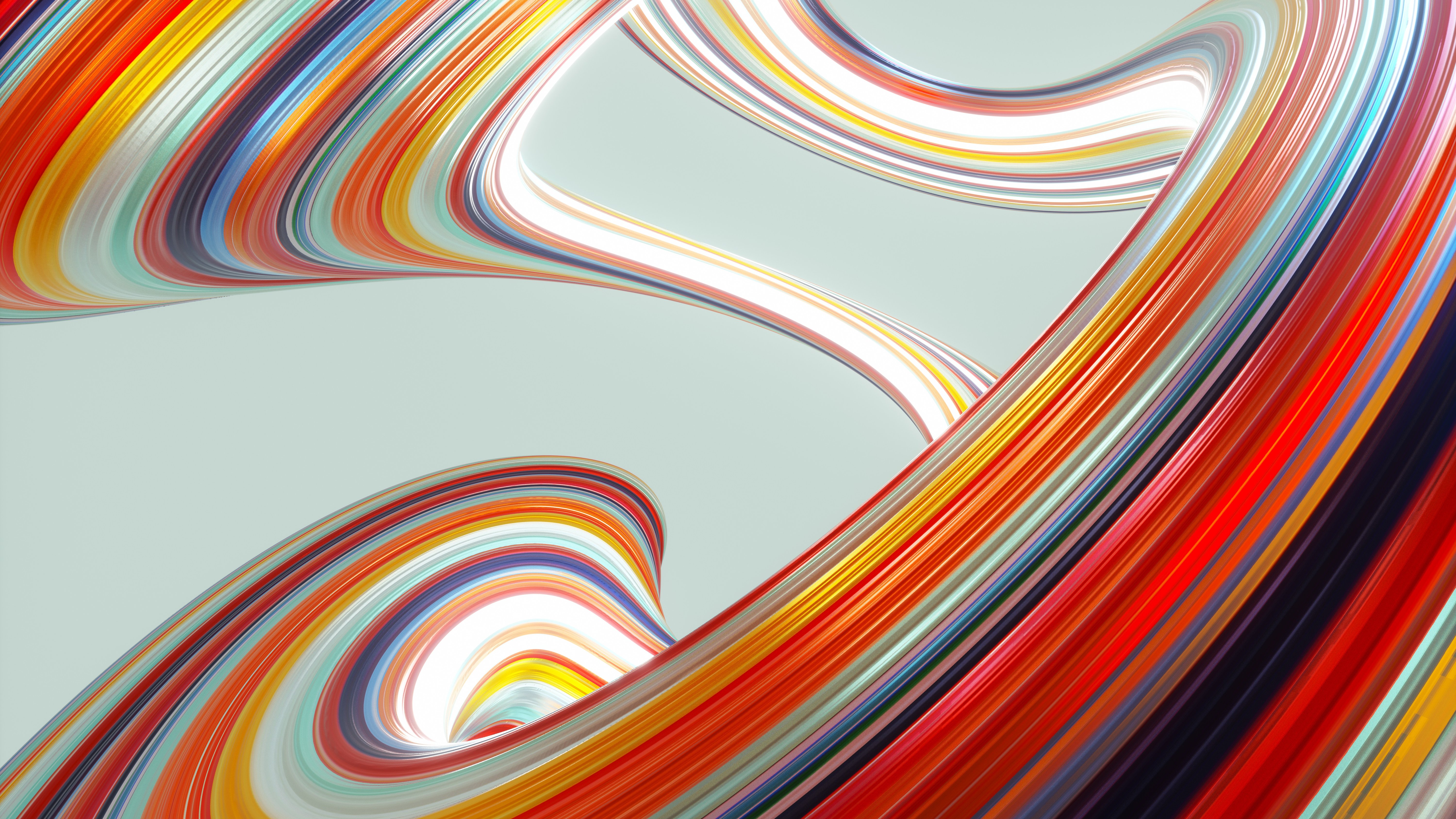 Digital generated image of multi coloured curved shape with striped pattern against grey background.