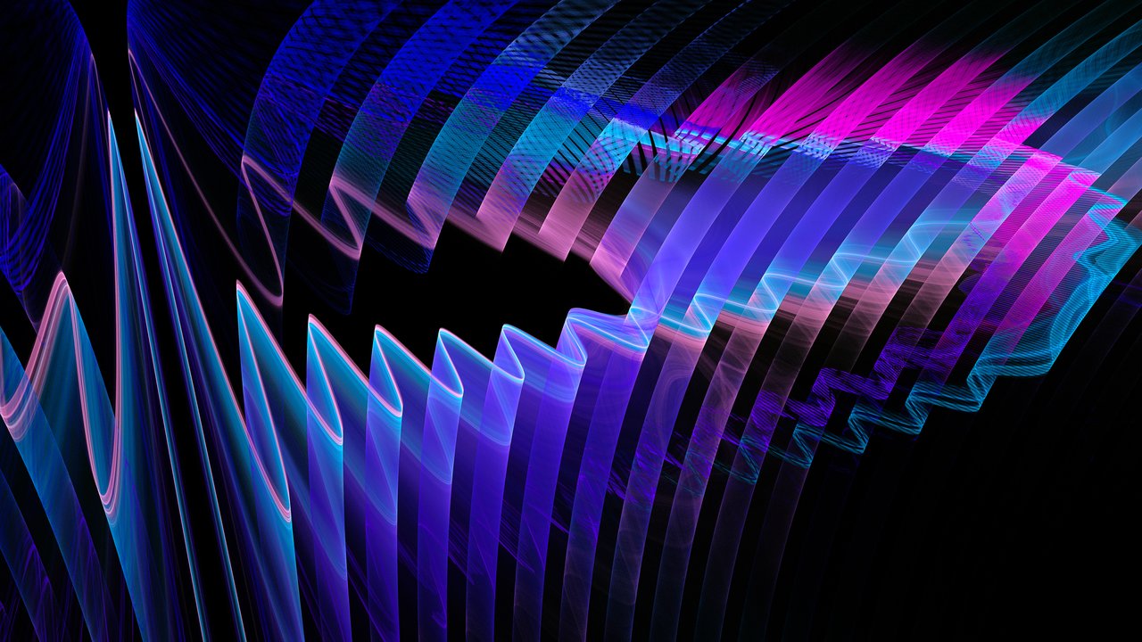 Abstract digital art featuring flowing lines in blue, purple, and pink against a black background.