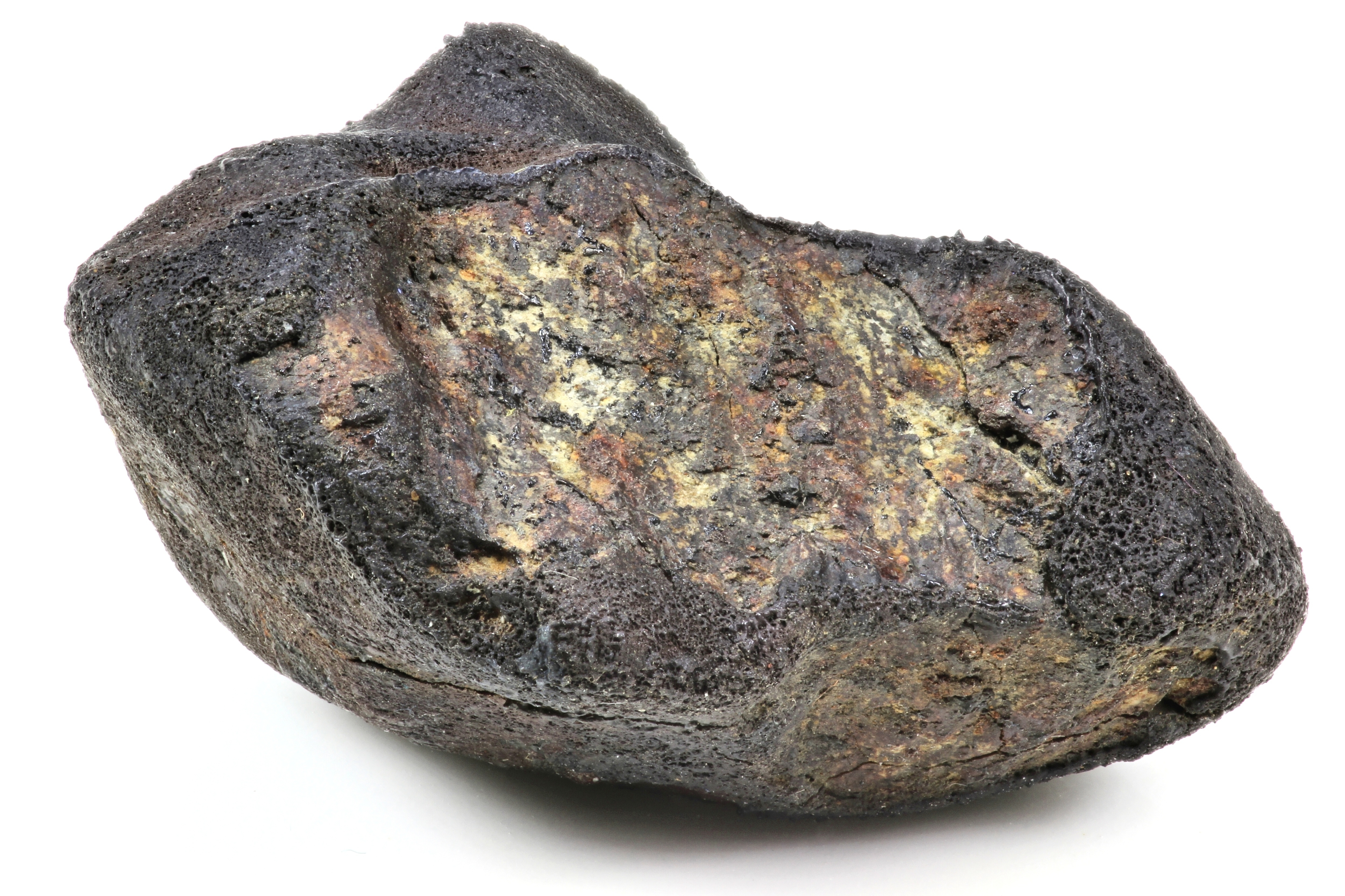 A dark, irregularly shaped rock with rough texture and patches of yellow and brown. Background is white.