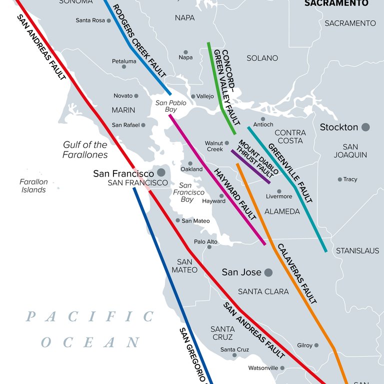 Gray political map of the Sand Francisco Bay Area with colored lines representing the most significant faults of this territory: San Andreas Fault, the Calaveras Fault, Concord-Green Valley Fault, Greenville Fault, Hayward Fault, Rodgers Creek Faults and San Gregorio Fault.