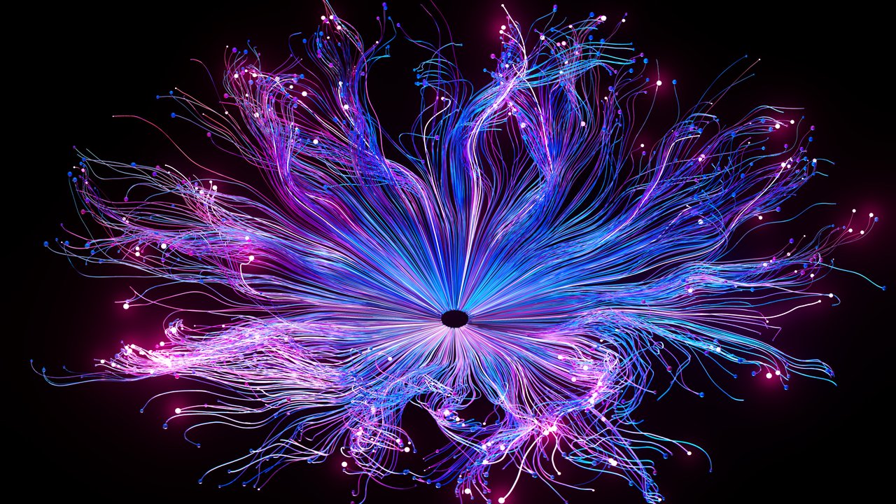 A vibrant, abstract design with flowing lines in blue and pink against a black background.