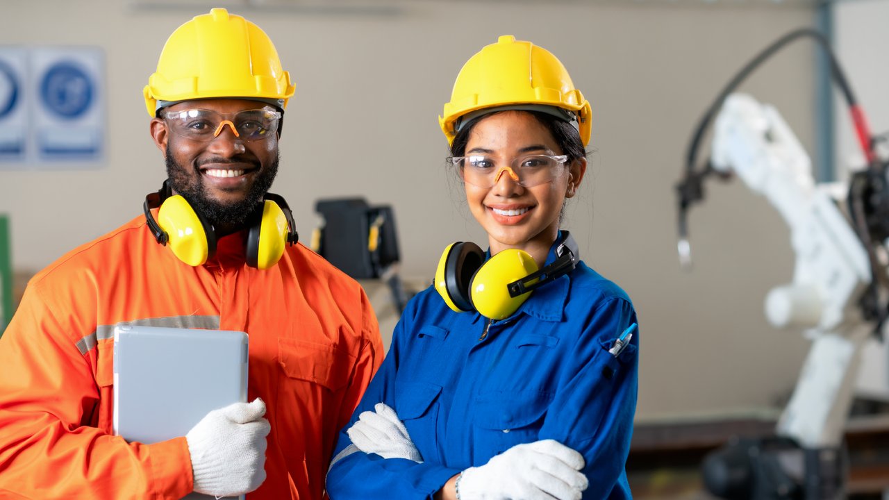 Inspectors holding a tablet and wearing safety equipment