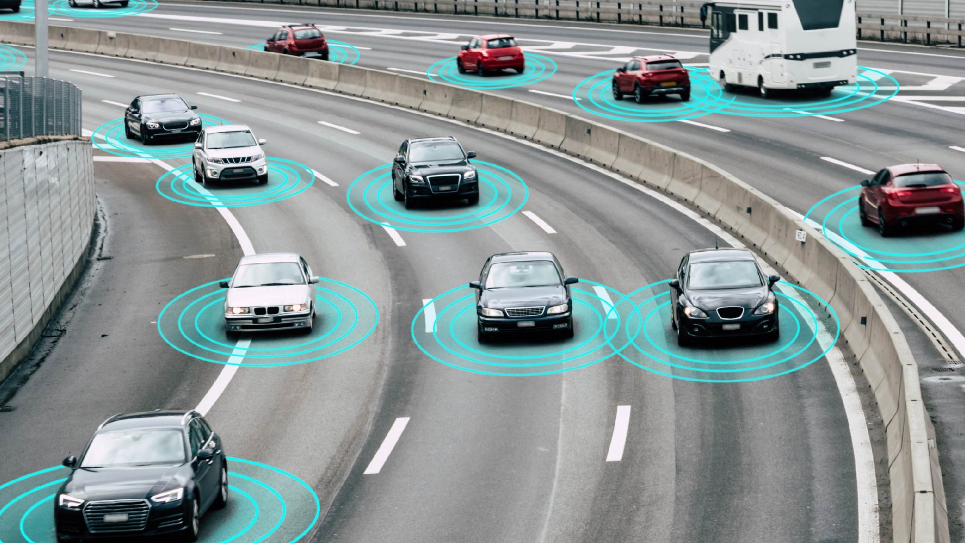 Cars on the highway connected with IoT sensors
