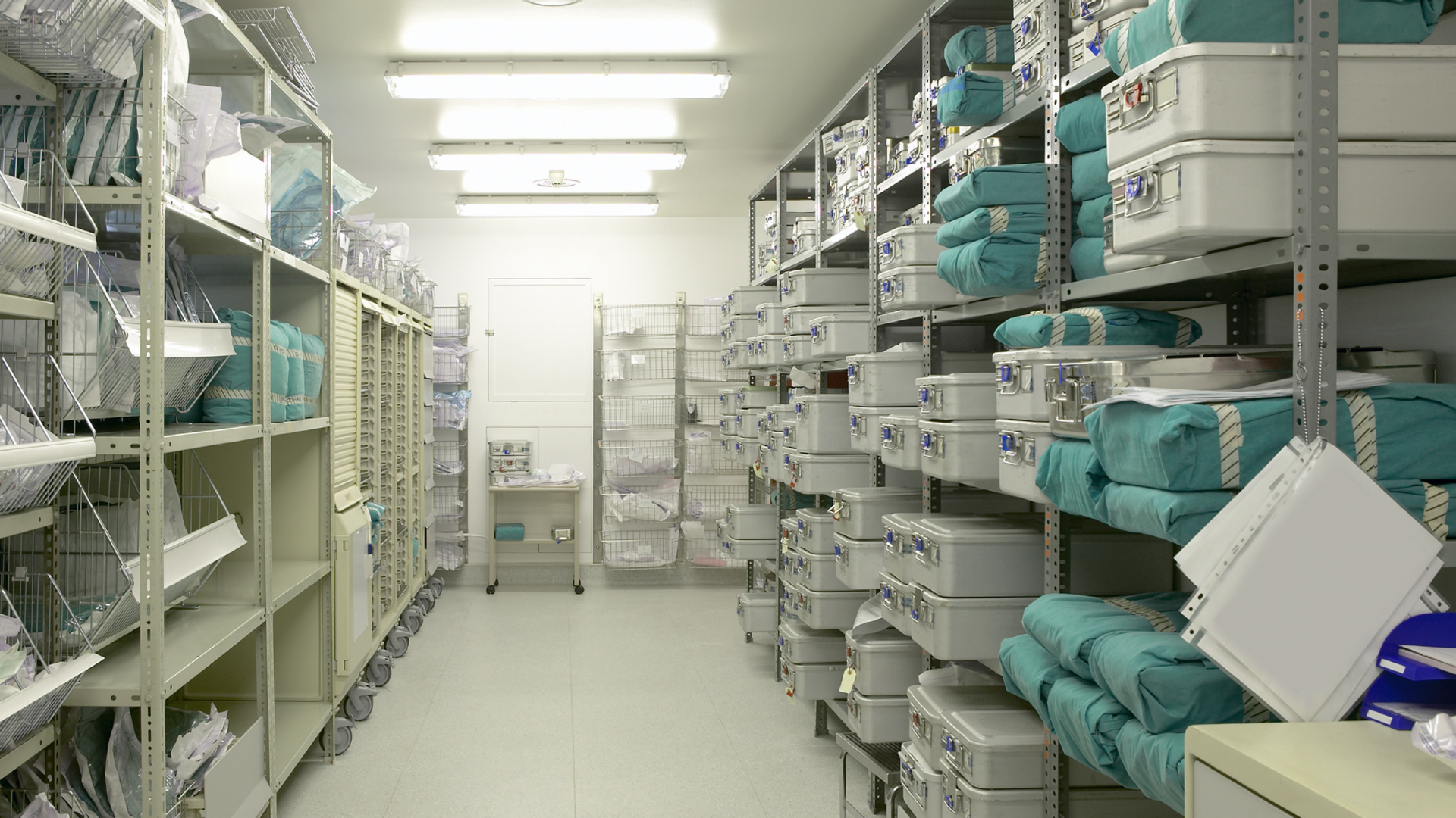 Hospital storage room with medical supplies