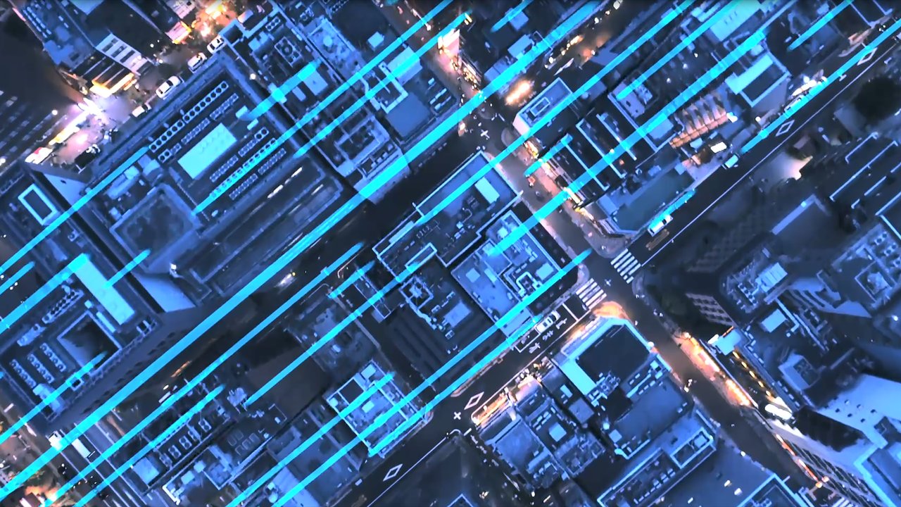 Cityscape with connected blue lines