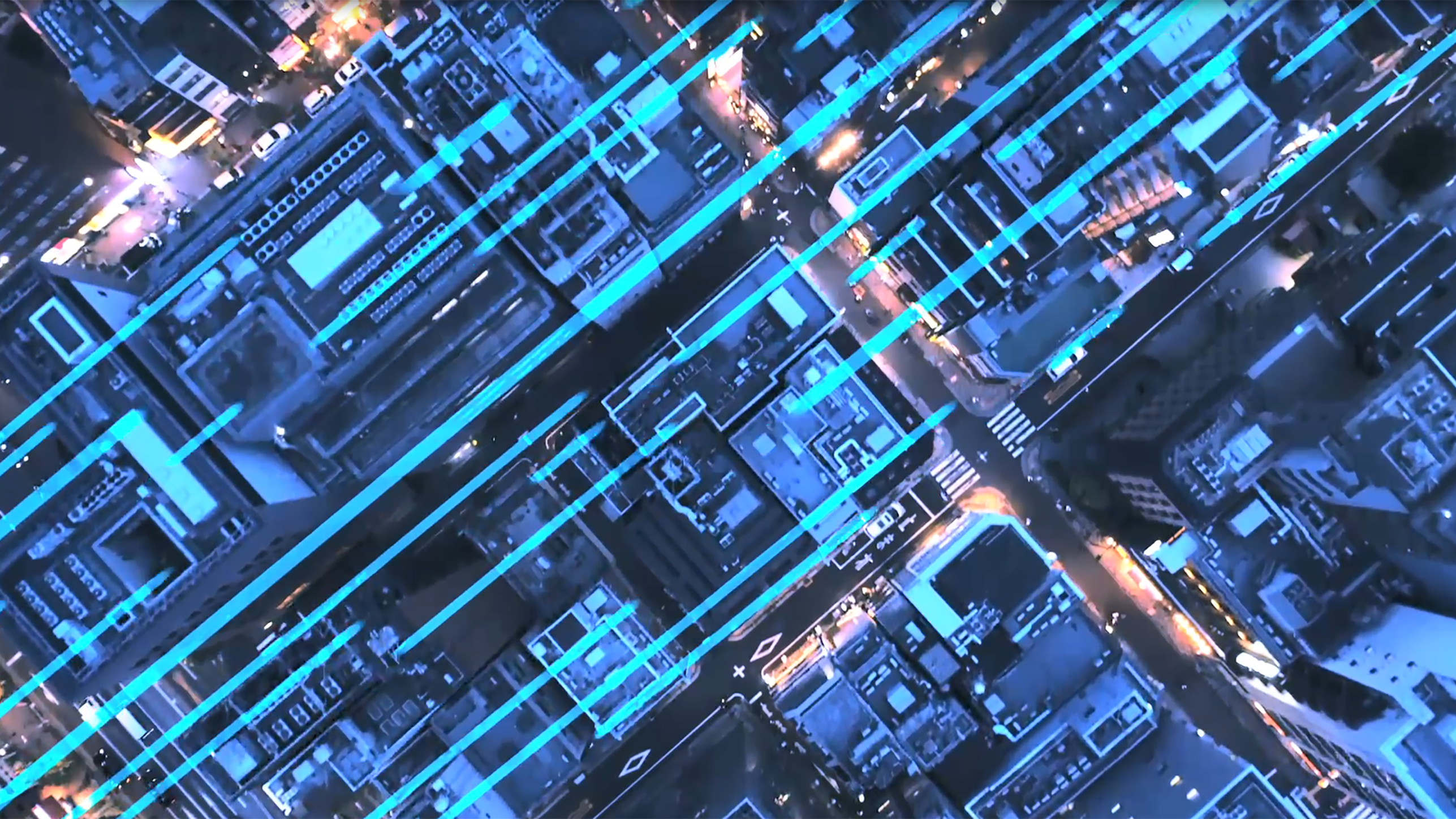 Cityscape with connected blue lines