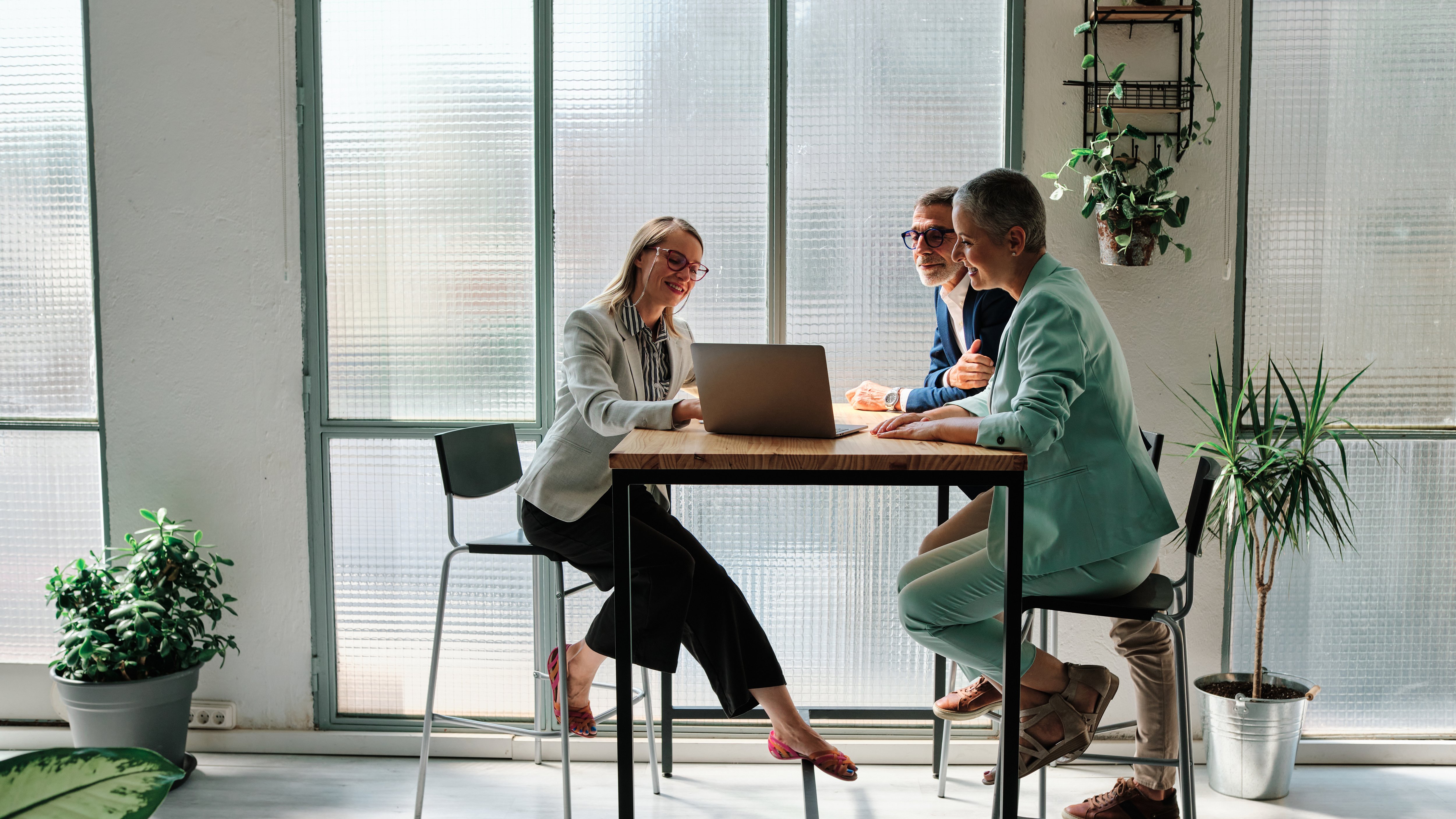 A group of three individuals collaborates around a wooden table, with a laptop open in front of them. They are seated on modern, high-backed chairs in a bright, airy space featuring large windows and greenery. The atmosphere is professional yet relaxed, enhanced by natural light and potted plants in the background.