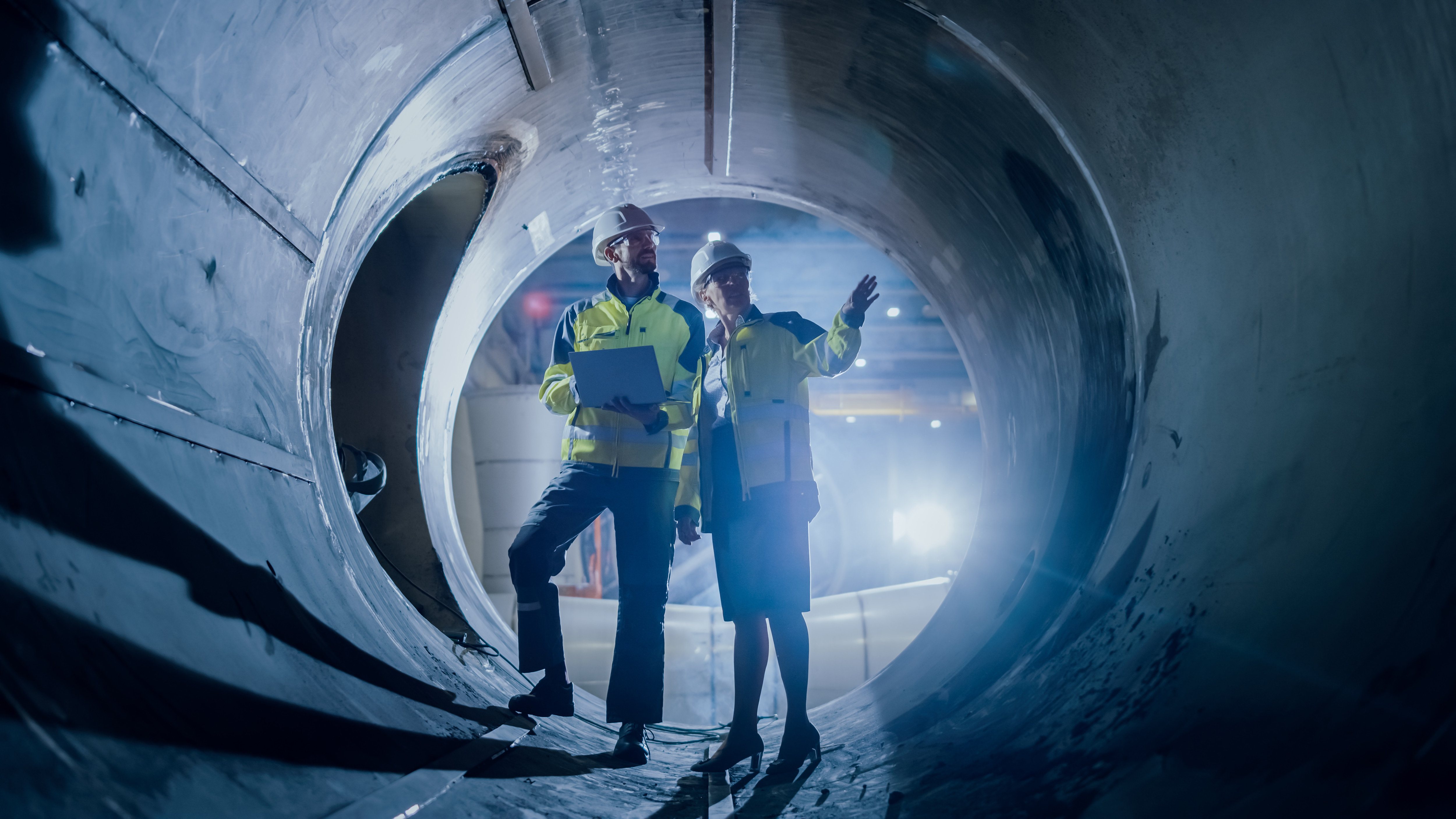 Inside a large, cylindrical structure, two individuals in bright yellow safety jackets and hard hats engage in discussion. One holds a laptop, while the other gestures towards the interior. The scene is illuminated by soft, ambient lighting, creating a contrast between the dark tunnel and the bright figures, emphasizing their collaboration in a construction or engineering context.