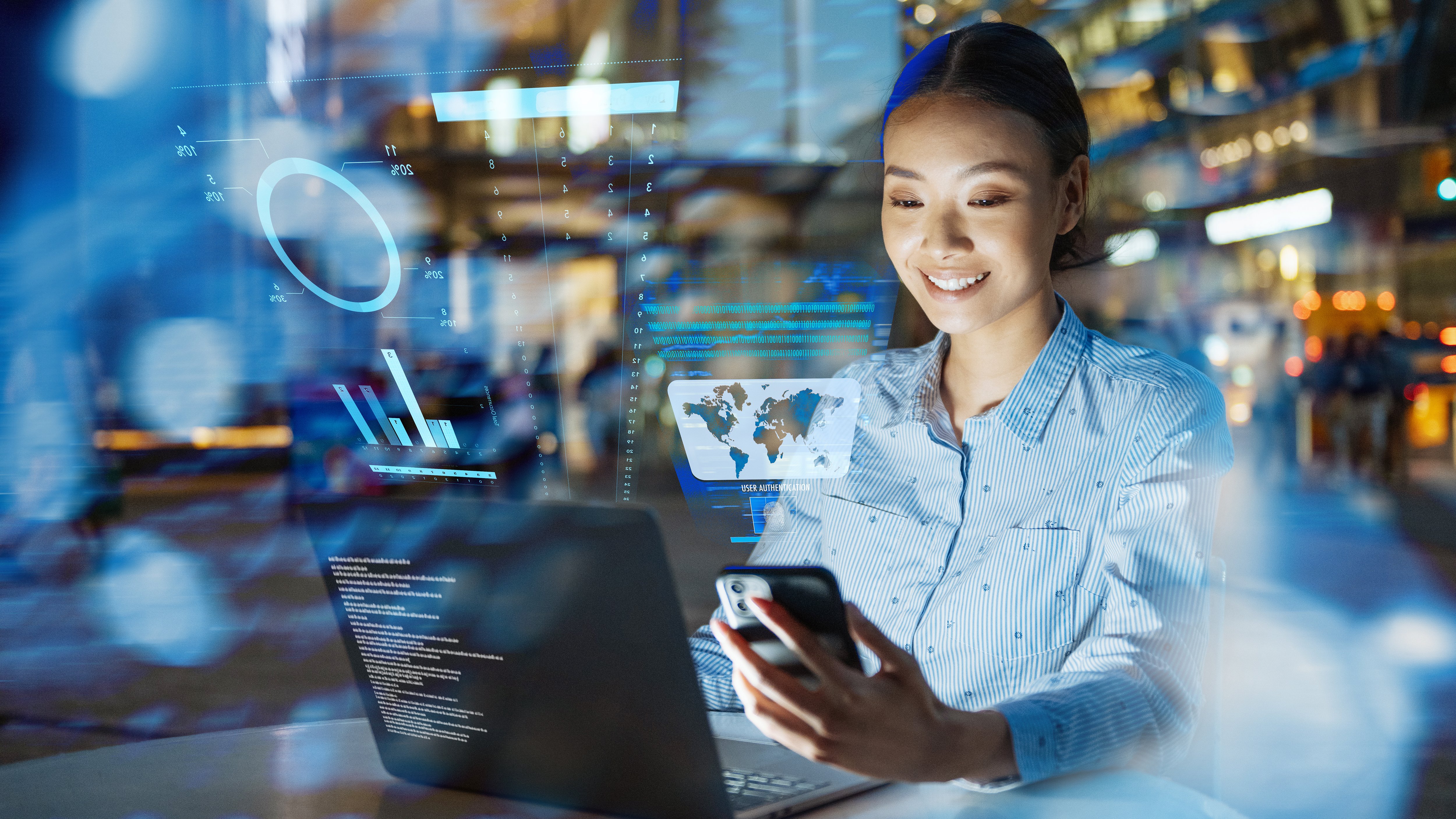 Asian businesswoman using AI on laptop