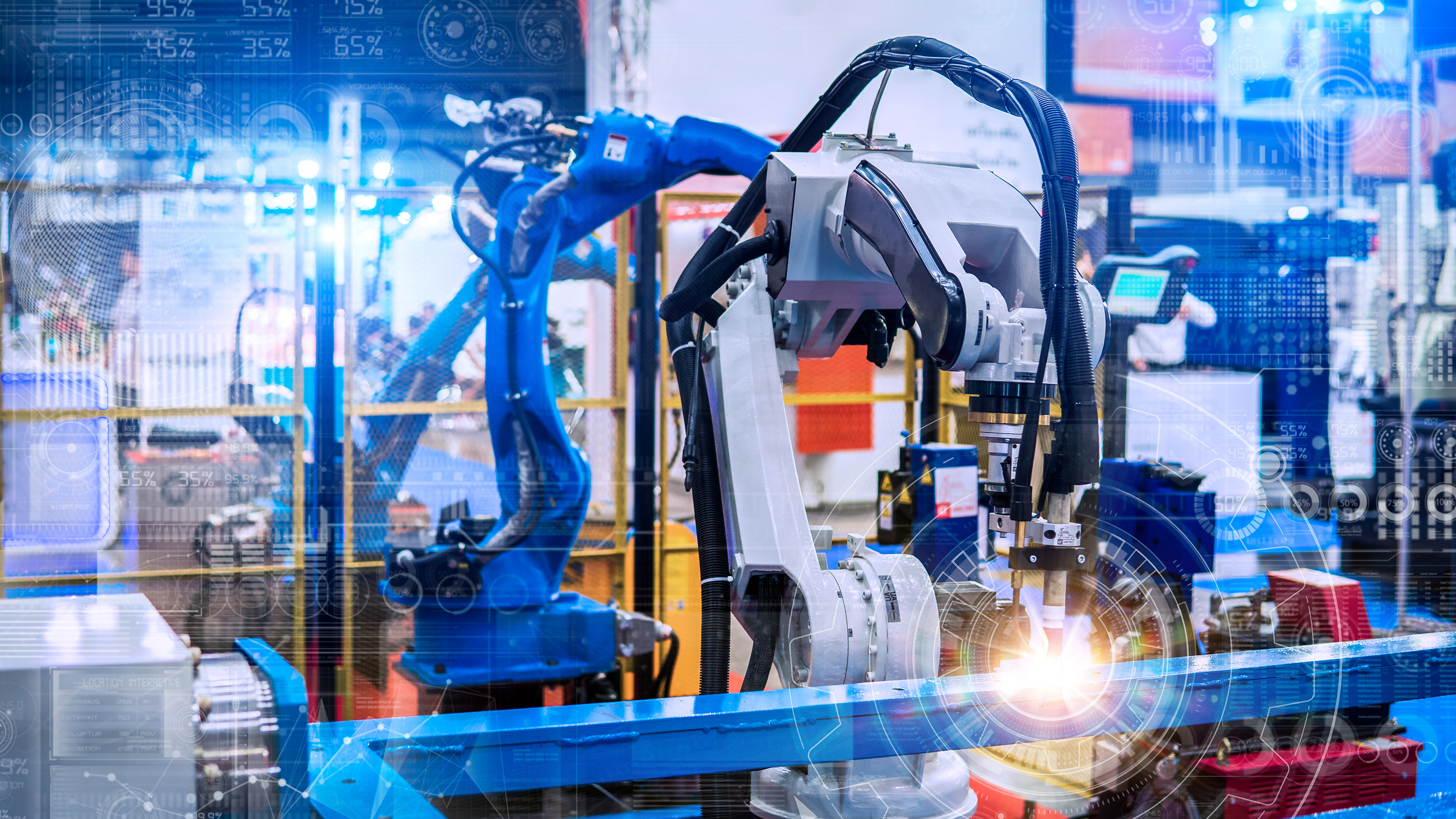 An industrial robot with an overlay of automated data and machinery