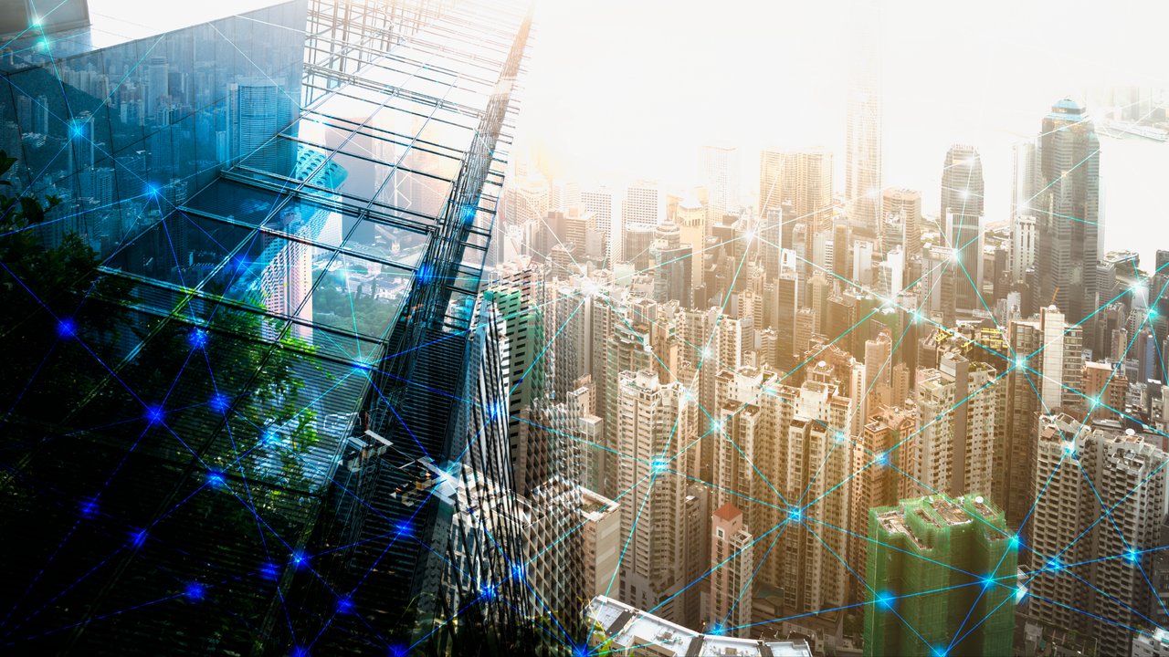 Smart city network connection city background technology concept