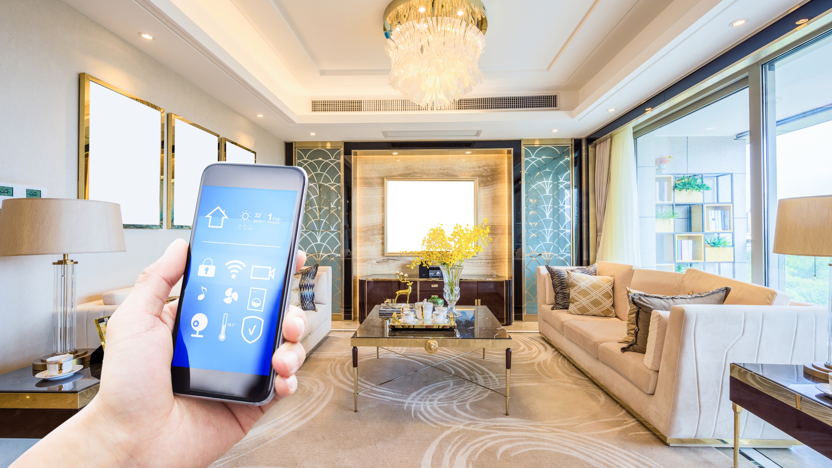 A modern smart home with connected devices such as a thermostat and security cameras, being controlled wirelessly from a mobile devices