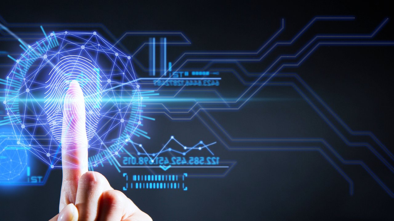 Security user interface technology, showing a hand and a fingerprint, exposing identity data