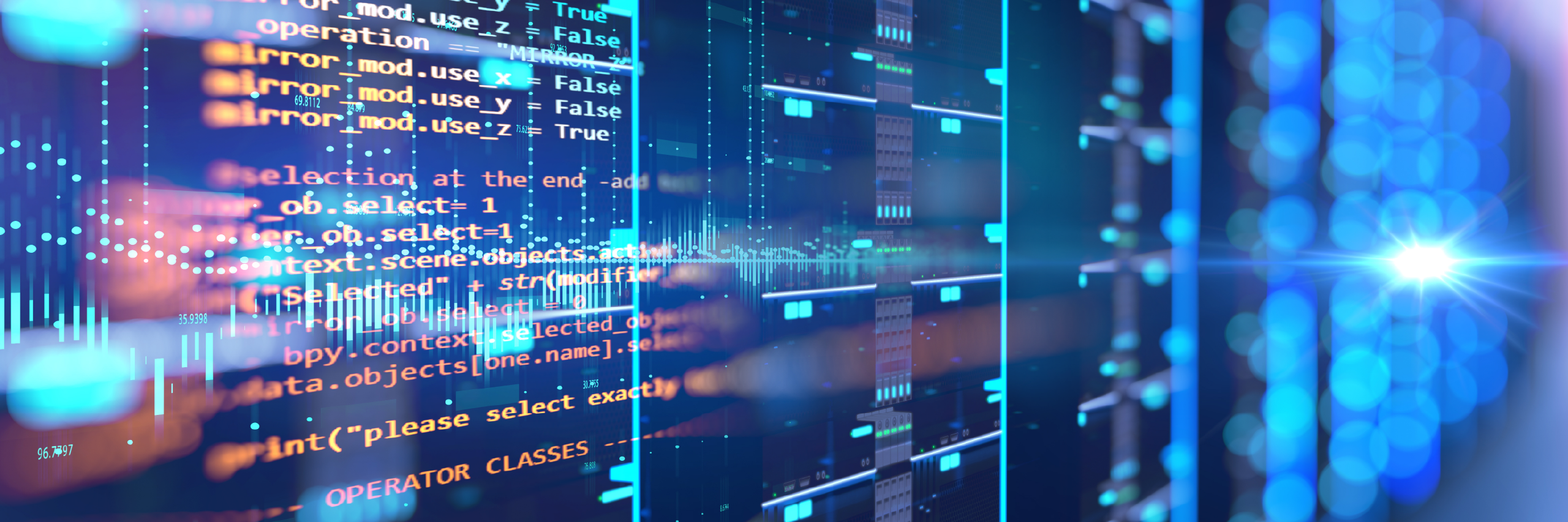 Une salle de serveurs affichant en superposition une programmation de données, montrant des renseignements vulnérables exposés à des risques de cyber-sécurité
