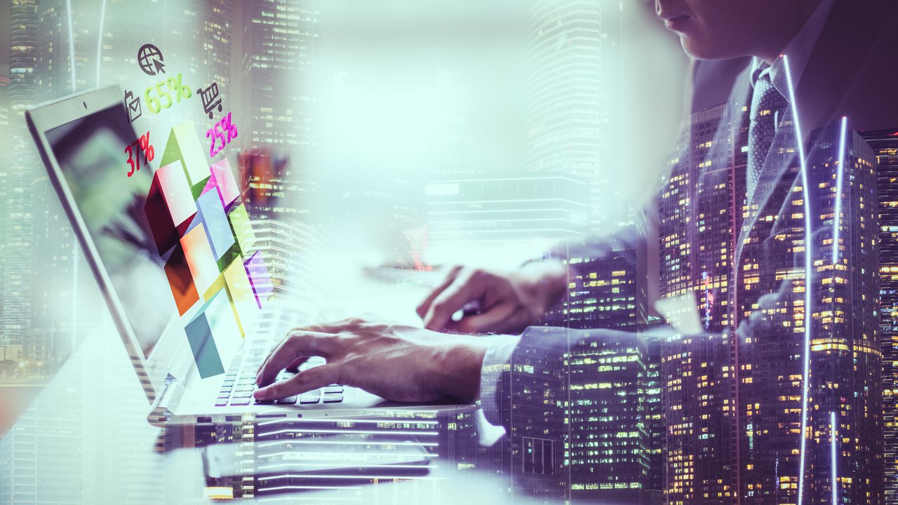 A person using a laptop with an overlay showing data and privacy