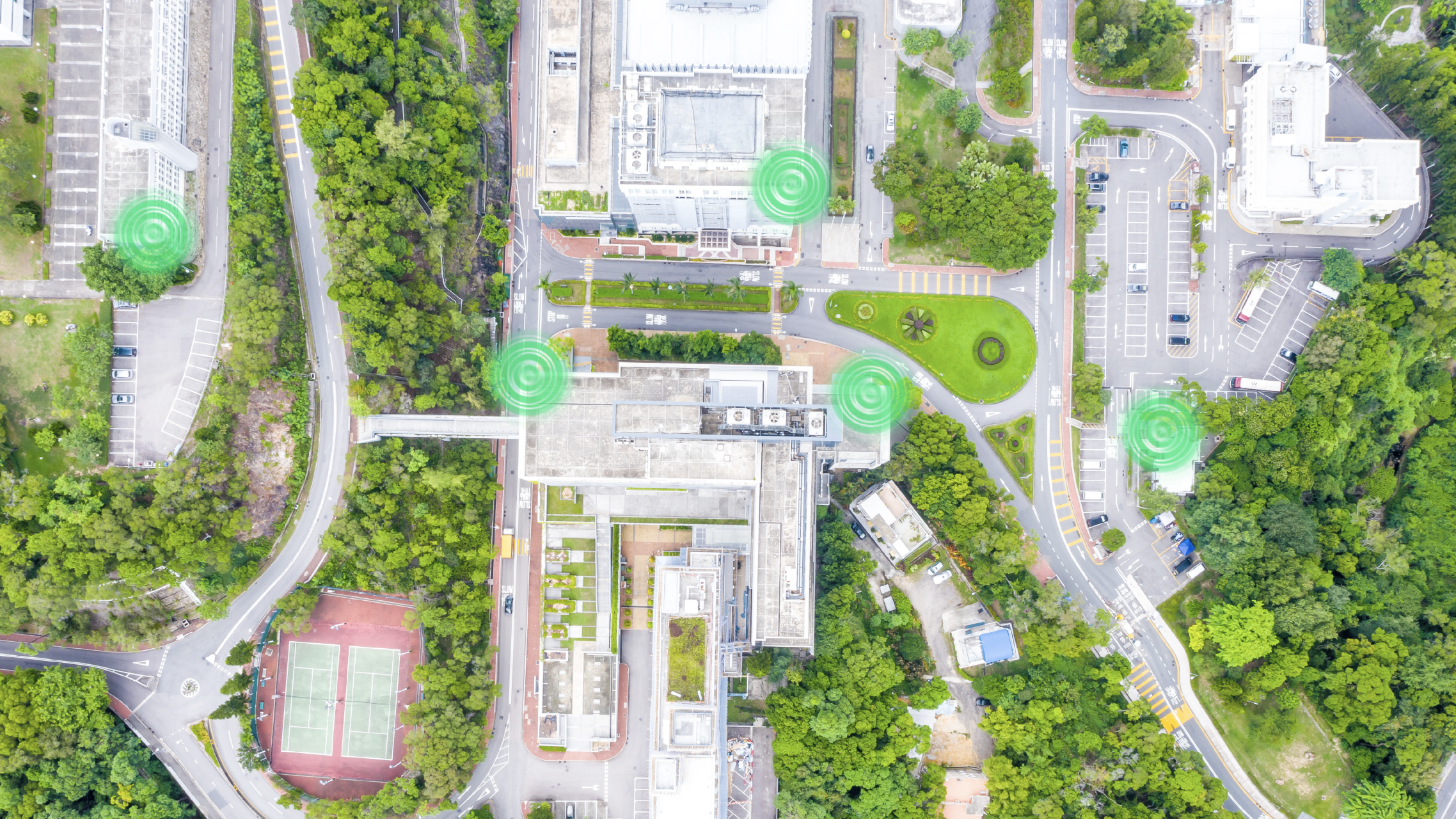 Residential area with homes monitored by sensors