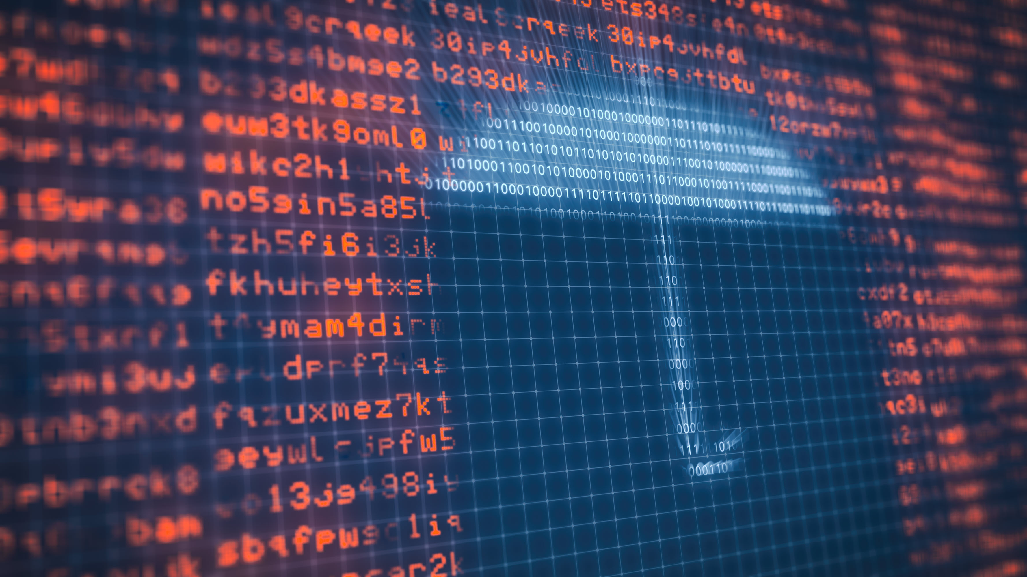 A digital display shows lines of code and binary numbers in red and blue on a grid background.