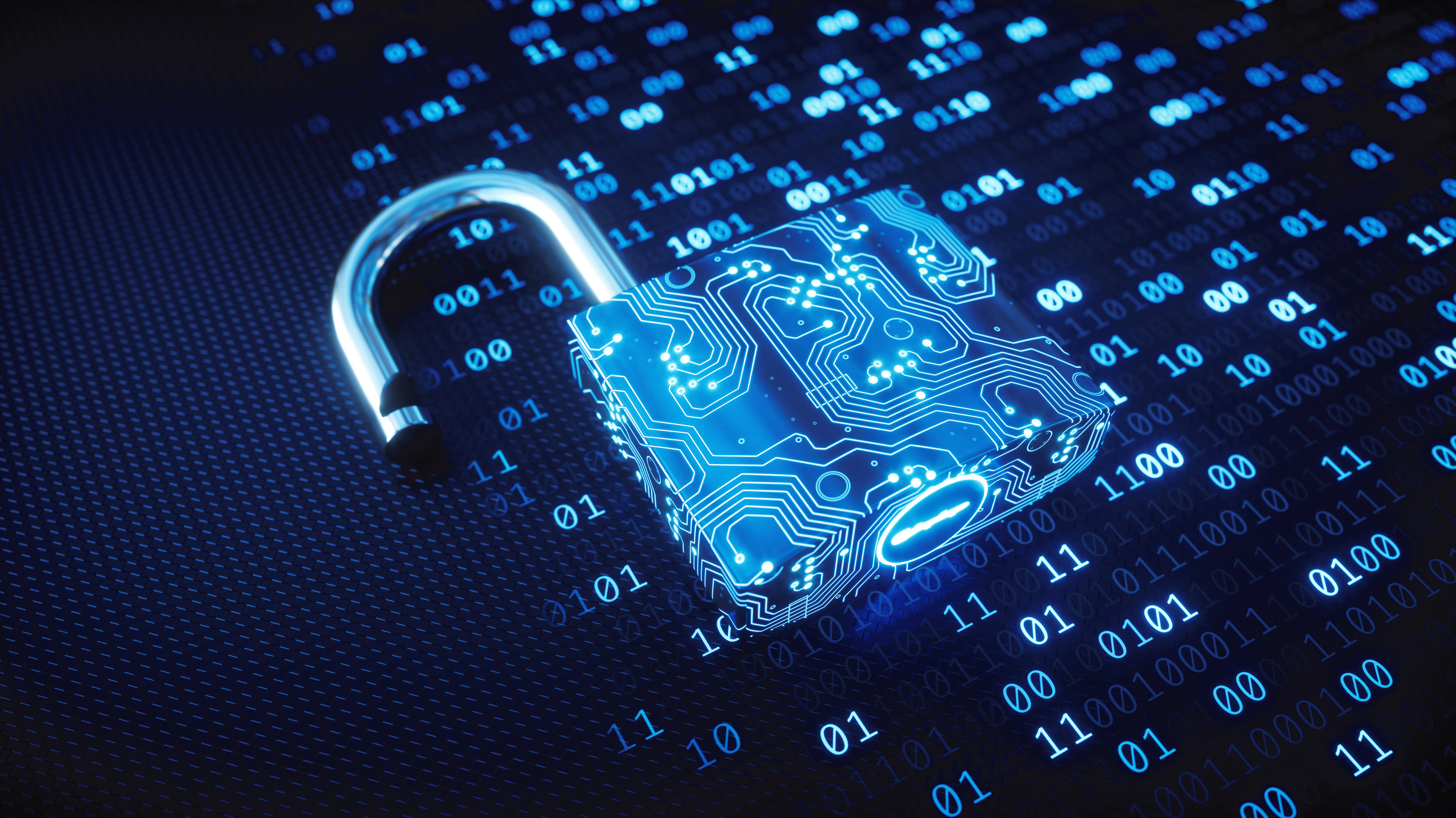 A digital padlock with a circuit pattern on a dark background of binary code.