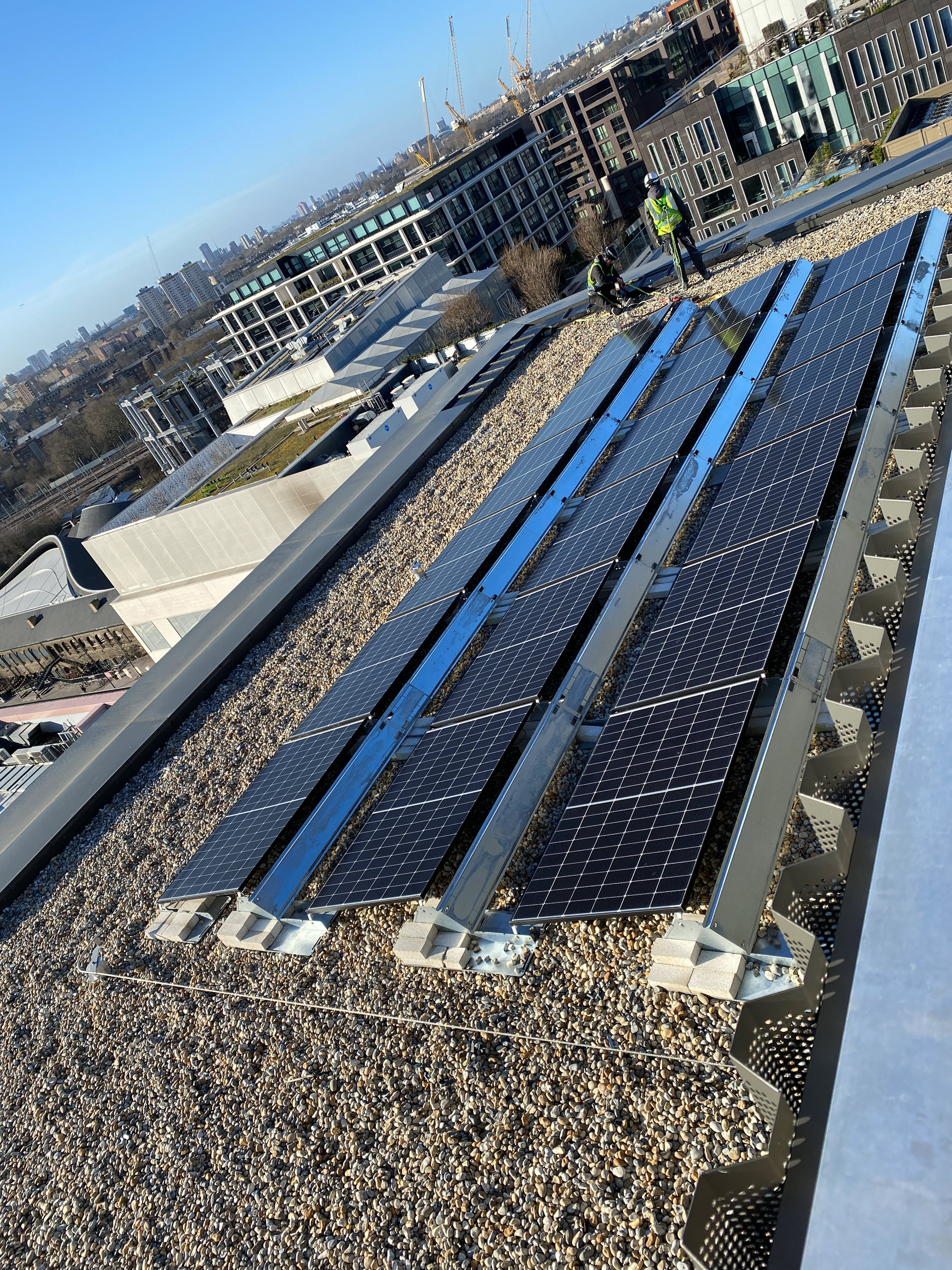 An elevator shaft in a tall, modern building
